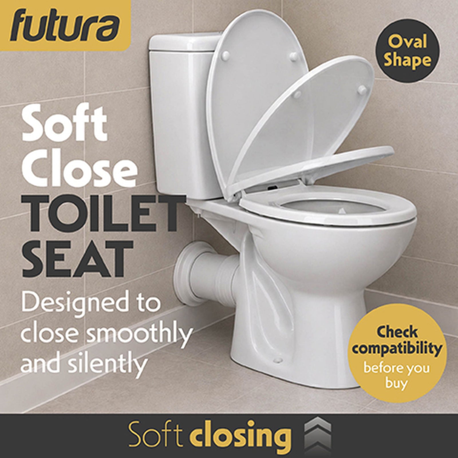 Toilet Seat Soft Close Oval Shape, Premium Thermoplastic, Quick Release, Top & Bottom Fixings | White