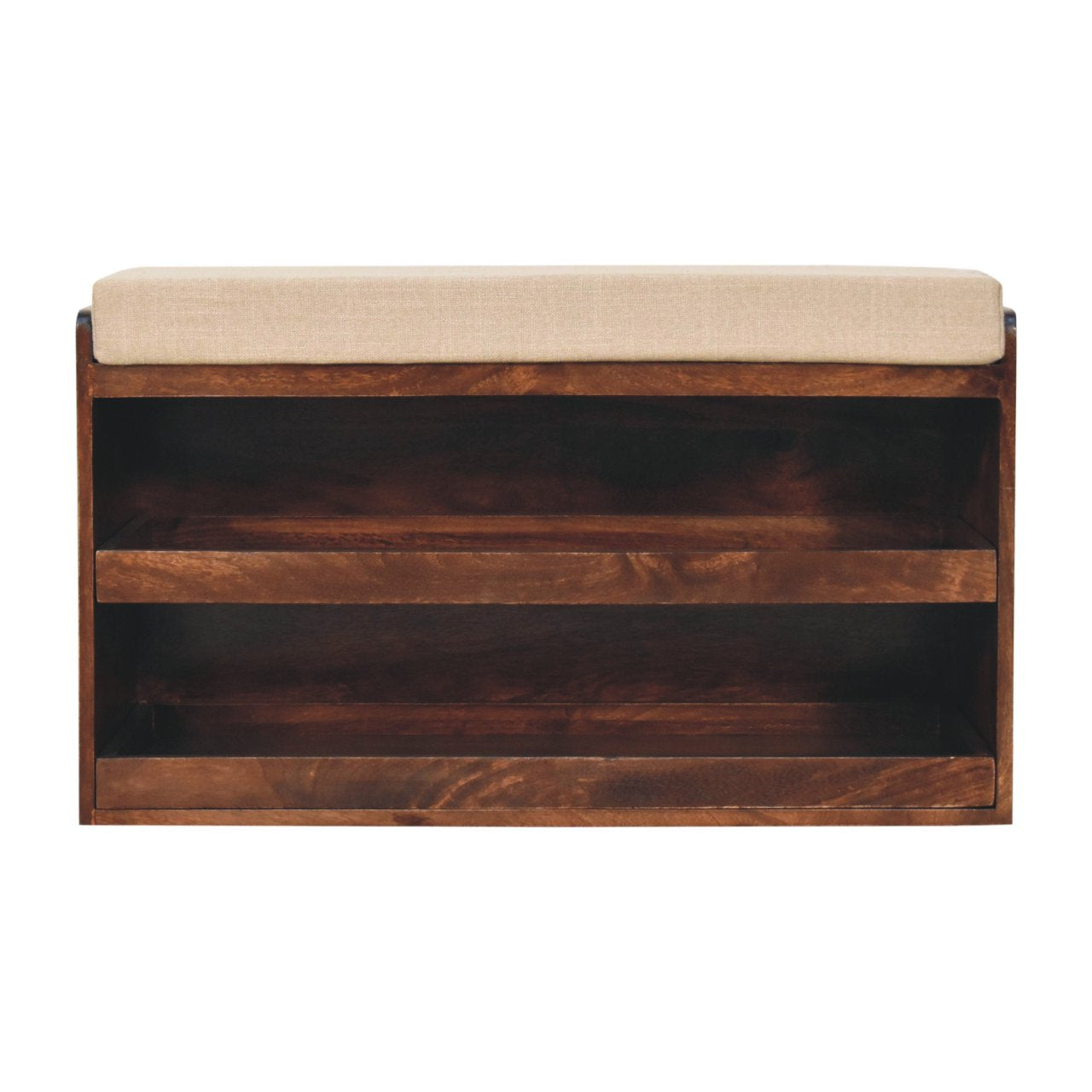 California Walnut & Mud Linen Pull Out Shoe Bench In Solid Wood | Chocolate Brown