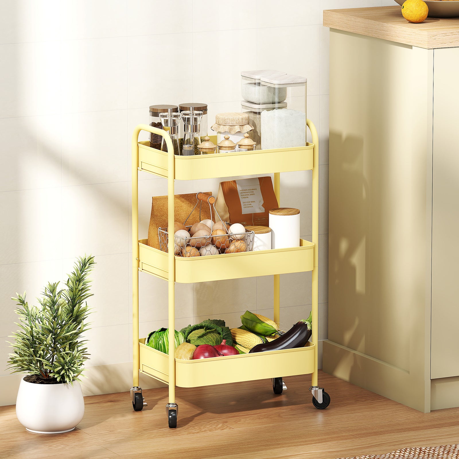 3 Tier Rolling Utility Cart With 3 Mesh Basket | One Size | Yellow