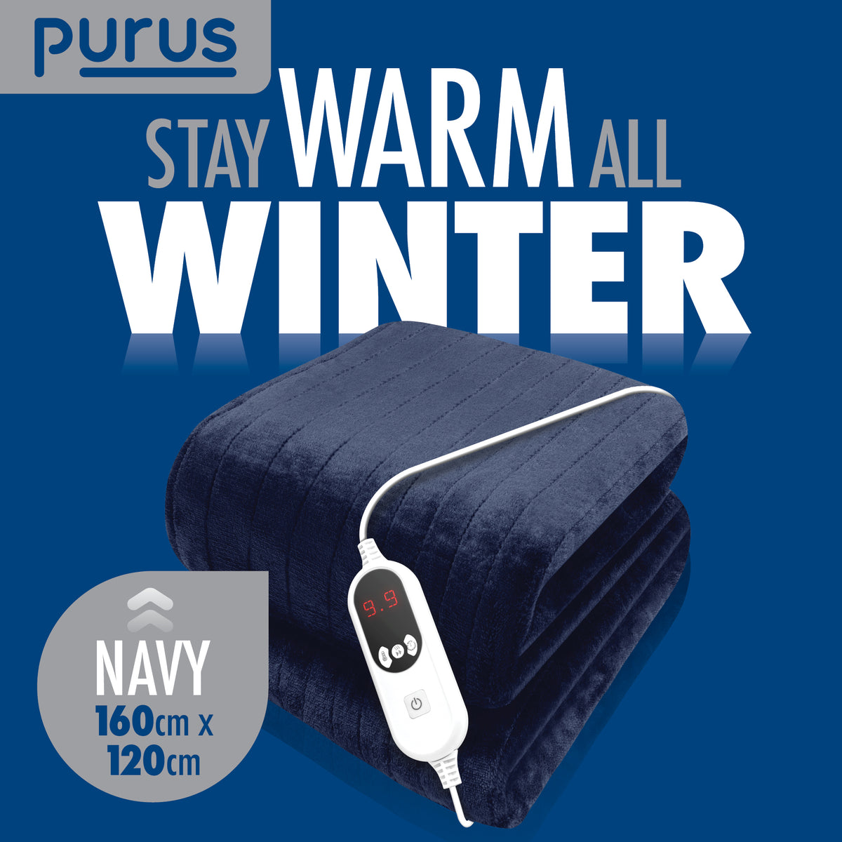 Deluxe Electric Throw Heated Double Over Blanket Soft Fleece 9 Heat & 12 Timer Settings | L | Navy Blue