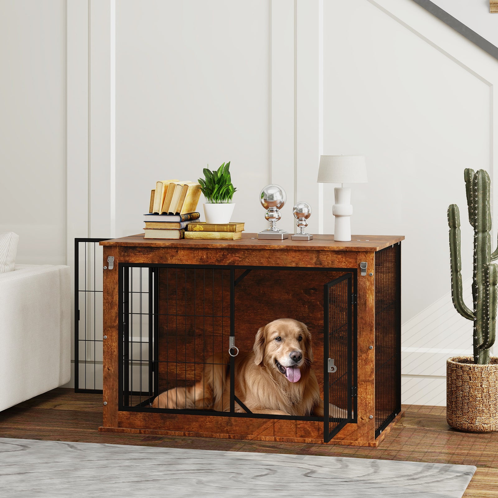 Dog Crate Furniture With Flip-up Top, 2 Doors, For Dogs | Small | Brown