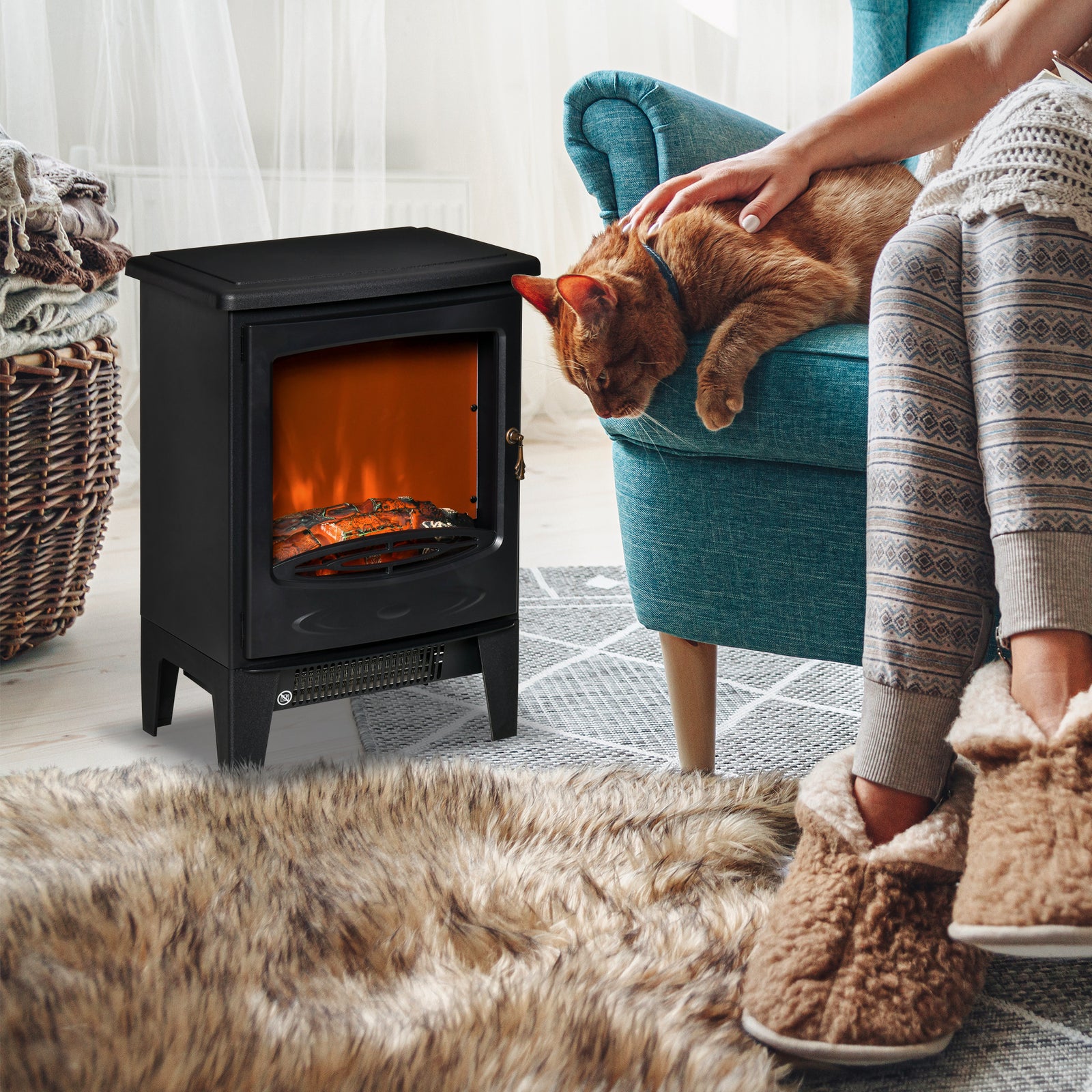 Freestanding Electric Fireplace Stove Heater With Led Flame | One Size | Black