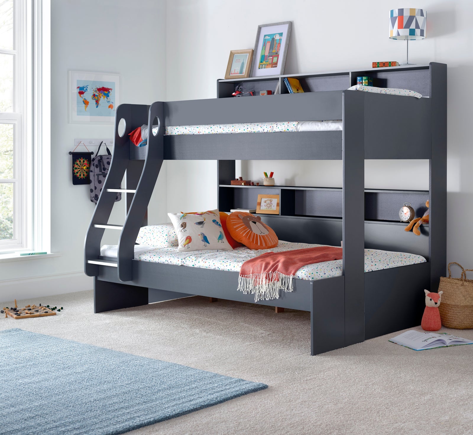 Oliver Triple Sleeper Storage Bunk Bed With Drawer With Memory Foam Mattresses | Small Double | Grey