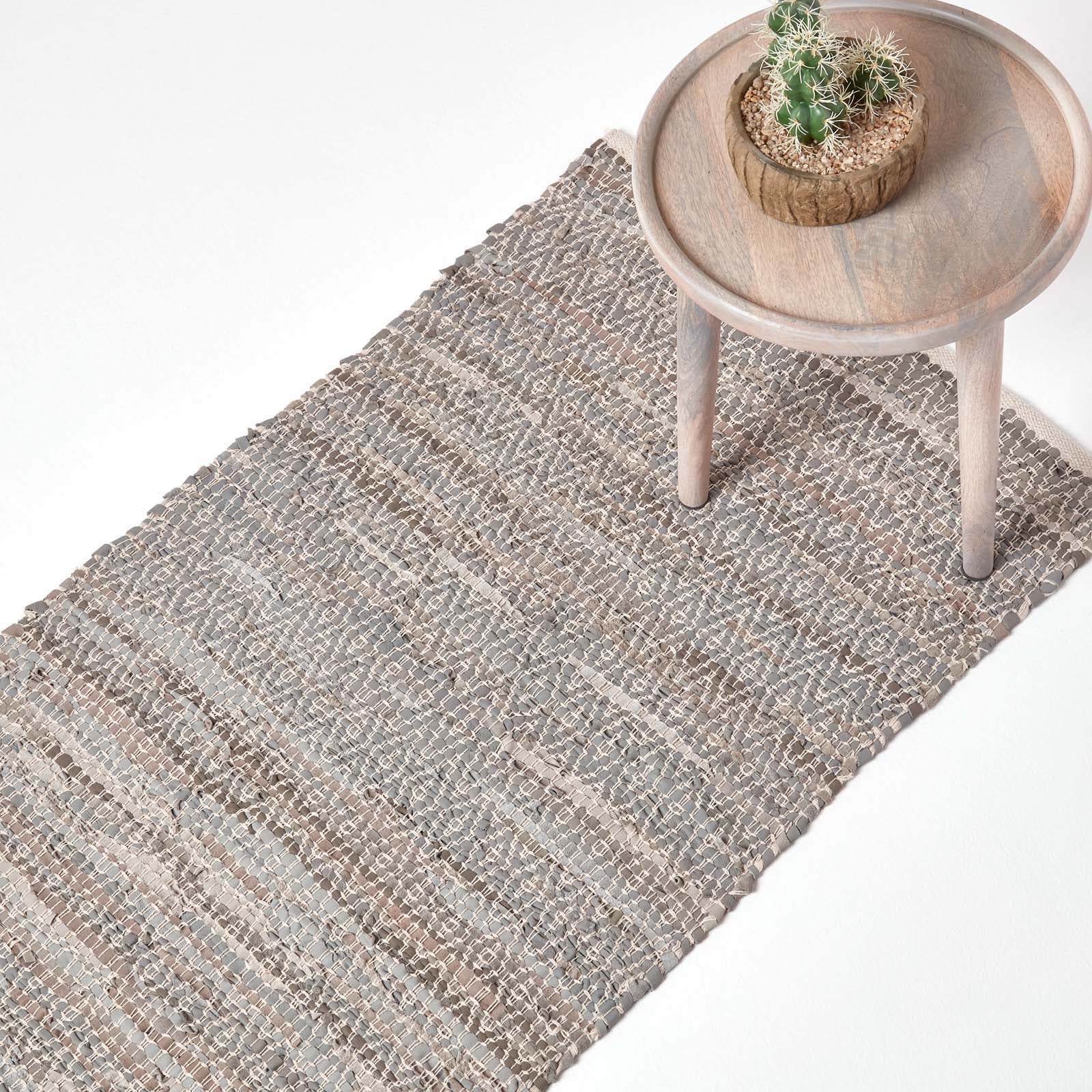 Real Leather Handwoven Diamond Pattern Rug | 200cm | Grey