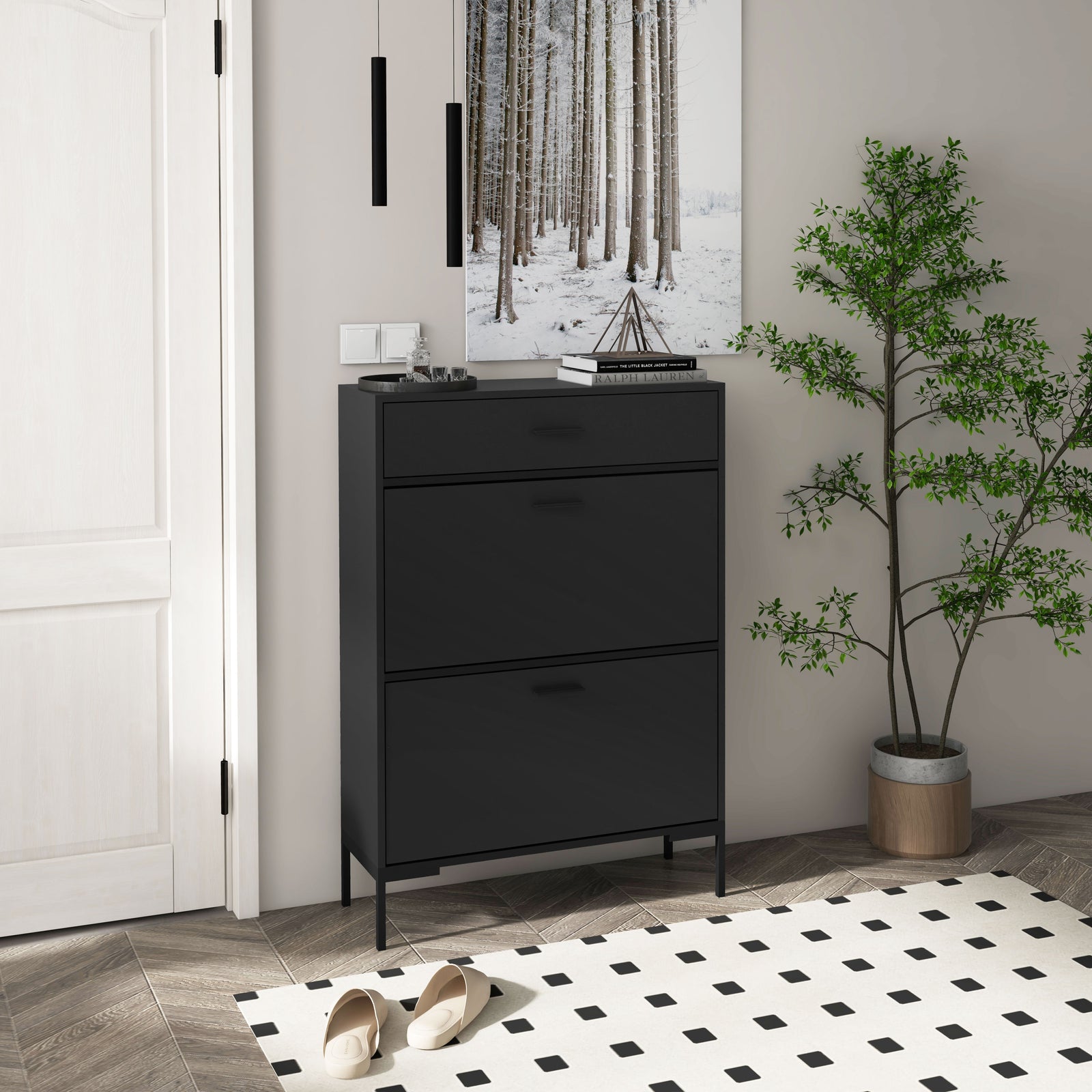 Shoe Storage Cupboard With 2 Flip Doors Sliding Out Drawer | One Size | Black