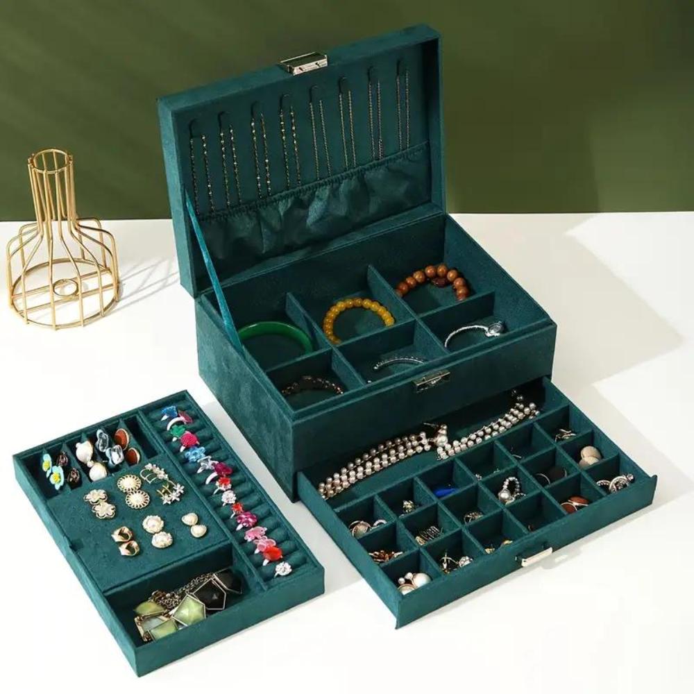 Dyzi Velvet 3-layer Lockable Jewellery Box Multi-functional Storage Case