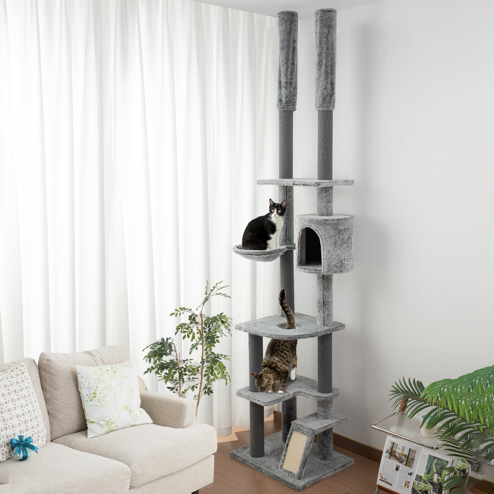 225-255cmh Floor-to-ceiling Cat Tree For Indoor Cats W/ Condo Ramp