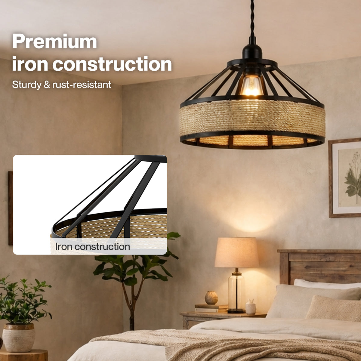 Emitto Modern Ceiling Pendant Light Shade Industrial Hemp Rope Lamp Shade