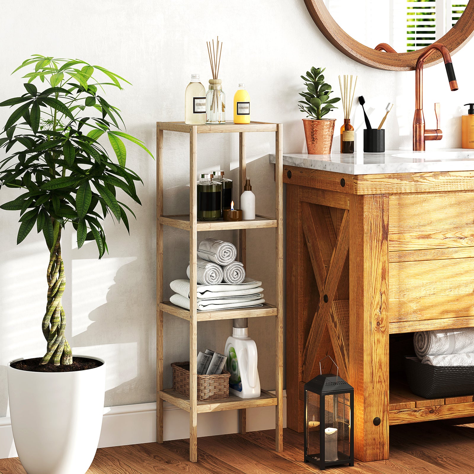 3/4-tier Bathroom Storage Shelving Unit Freestanding Bamboo | Medium | Natural