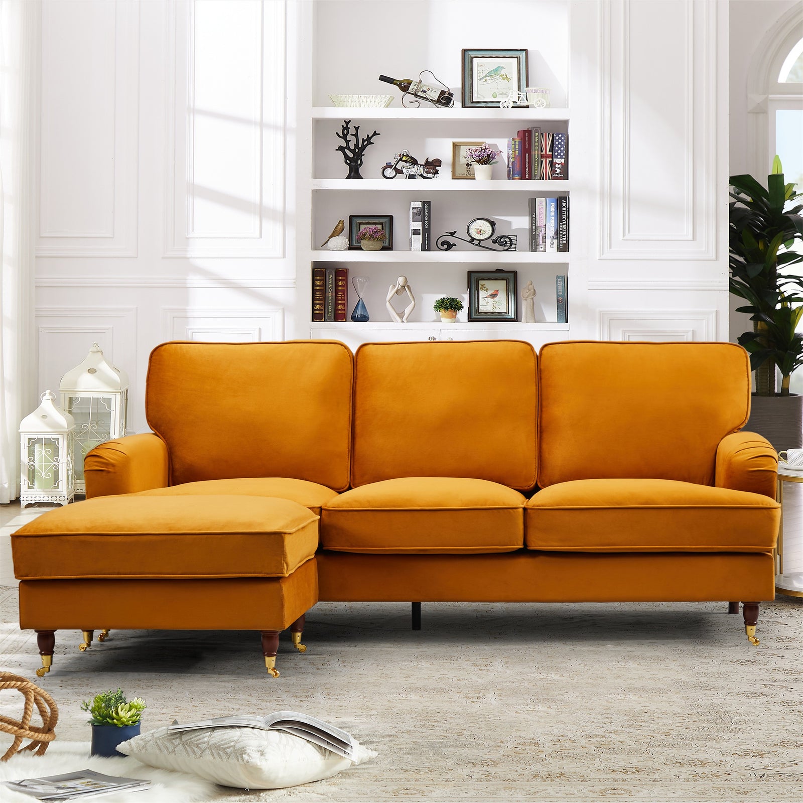 Woodbury 218cm Reversible Velvet Fabric Corner Sofa | 3 | Orange