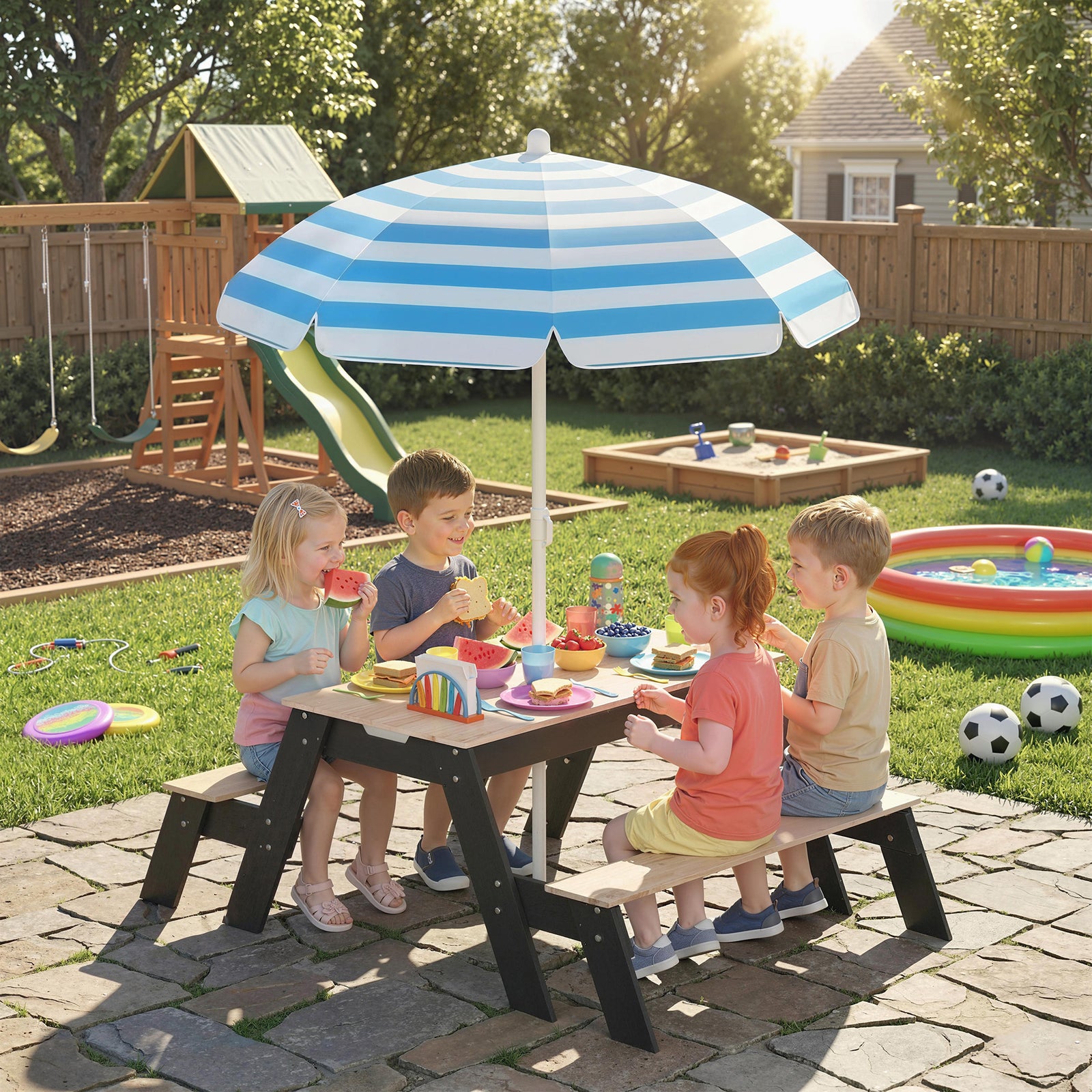 AIYAPLAY 3 In 1 Wooden Kids Picnic Table And Bench Set With Parasol, Natural