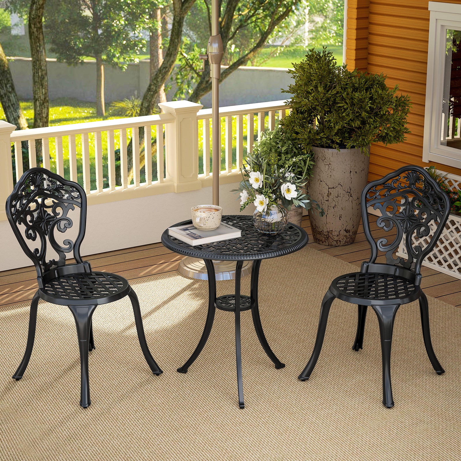3 Piece Cast Aluminium Bistro Set W/parasol Hole For Balcony