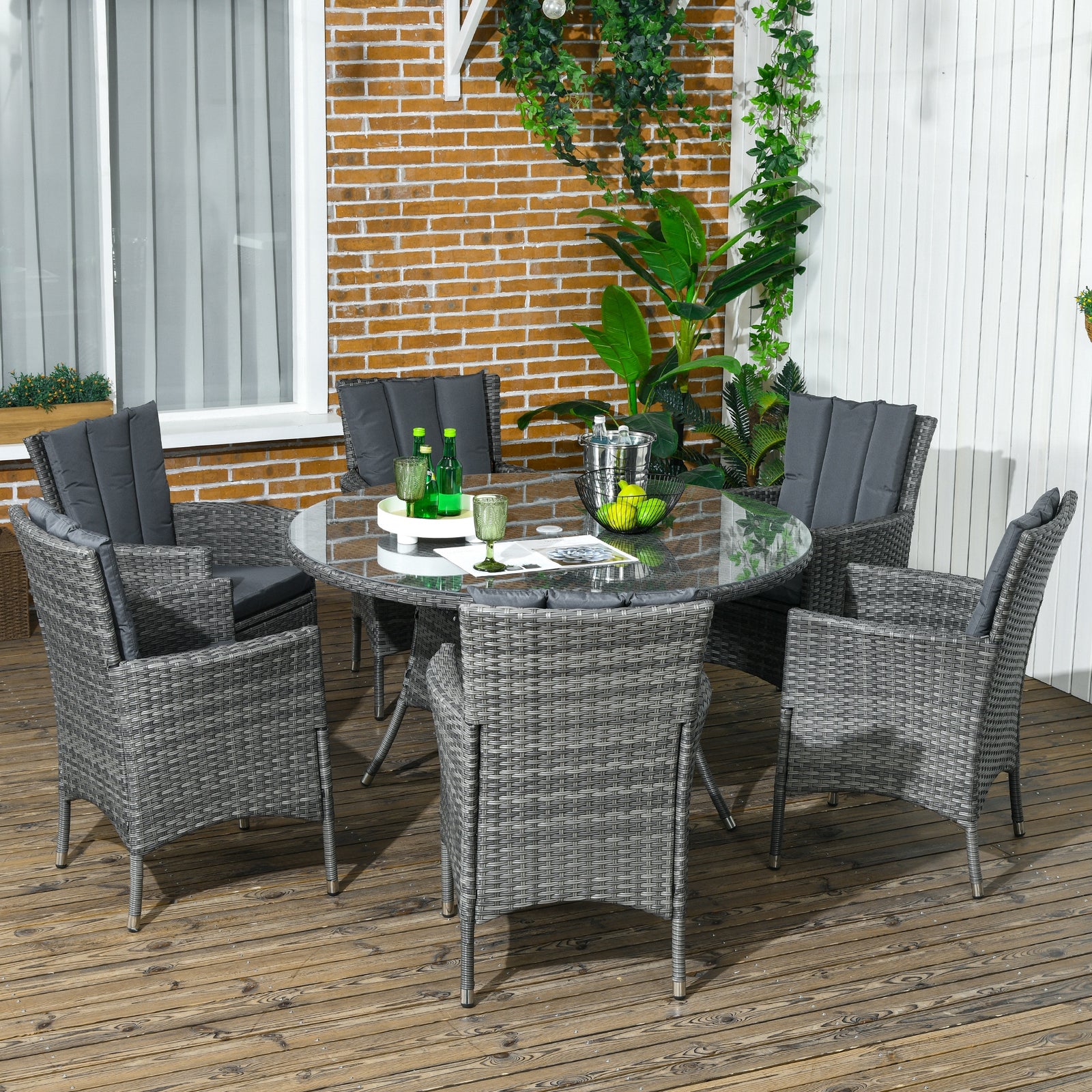 6 Seater Rattan Garden Furniture Set W/ Glass Tabletop