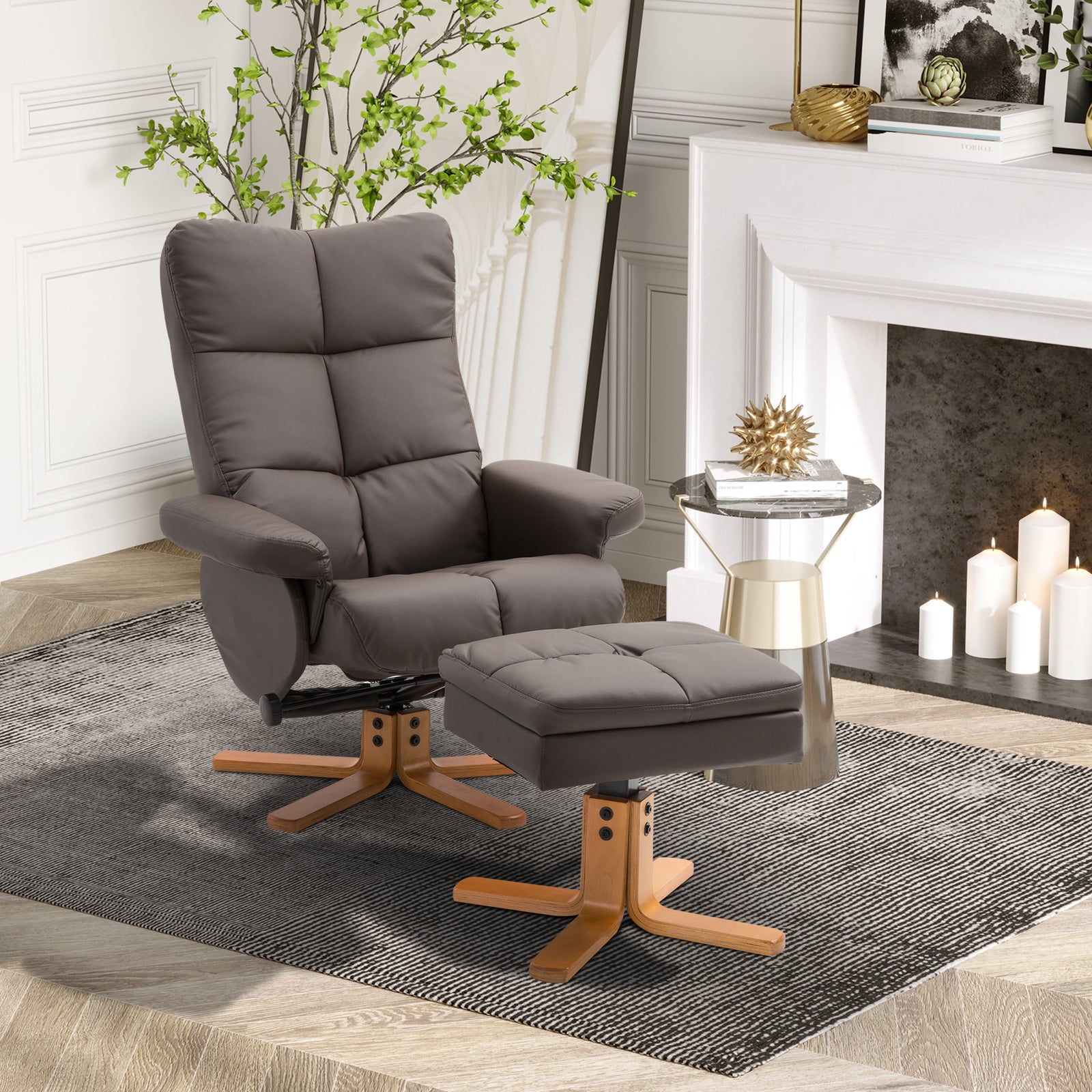 Recliner Chair And Footstool Pu Leather Wooden Base | One Size | Brown