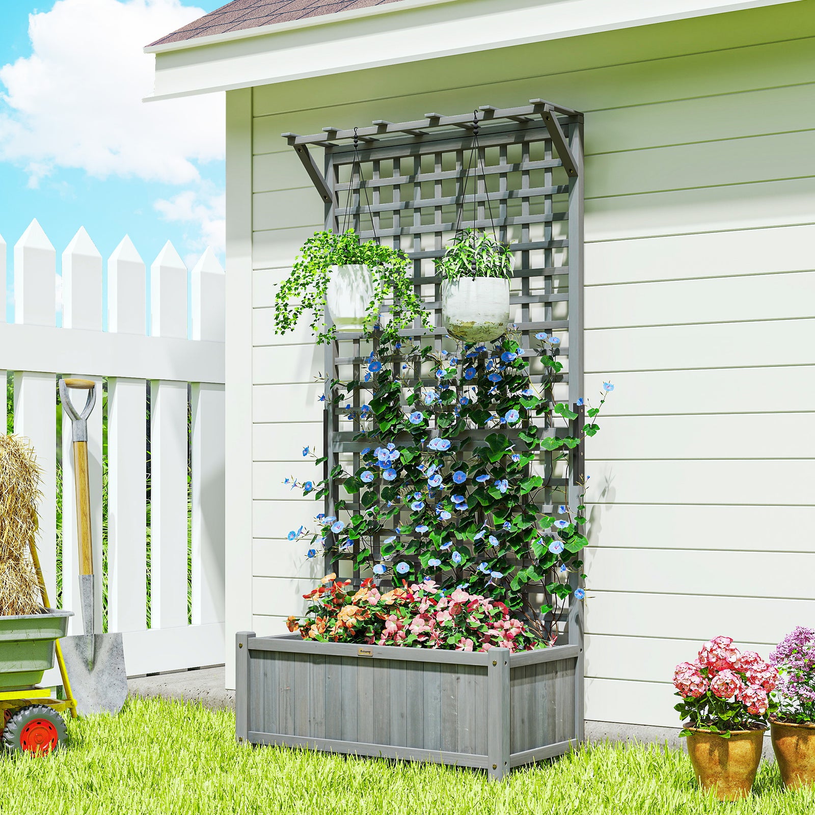 Wood Planter With Trellis For Climbing Plants Planter Box | Dark Grey