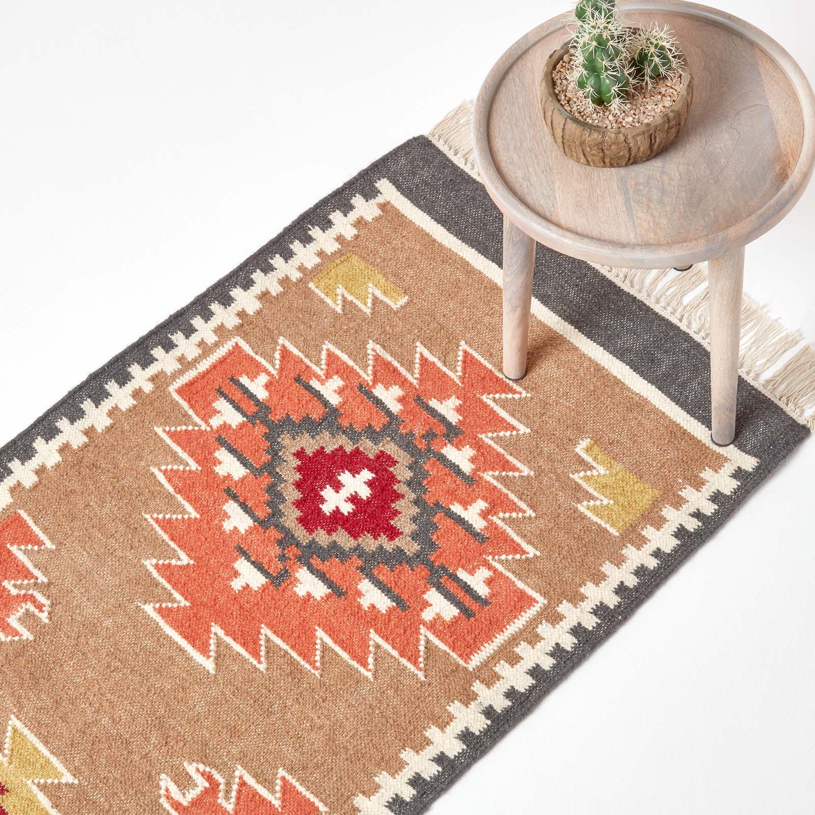 Jaipur Handwoven Brown And Orange Kilim Wool Rug | 200cm | Brown