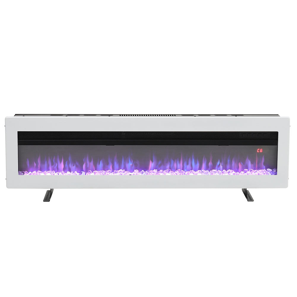 60-inch Electric Fireplace, Recessed/wall Mounted/freestanding Heater With 12-colour Flame,crystal Bed, Remote Control & Timer | White