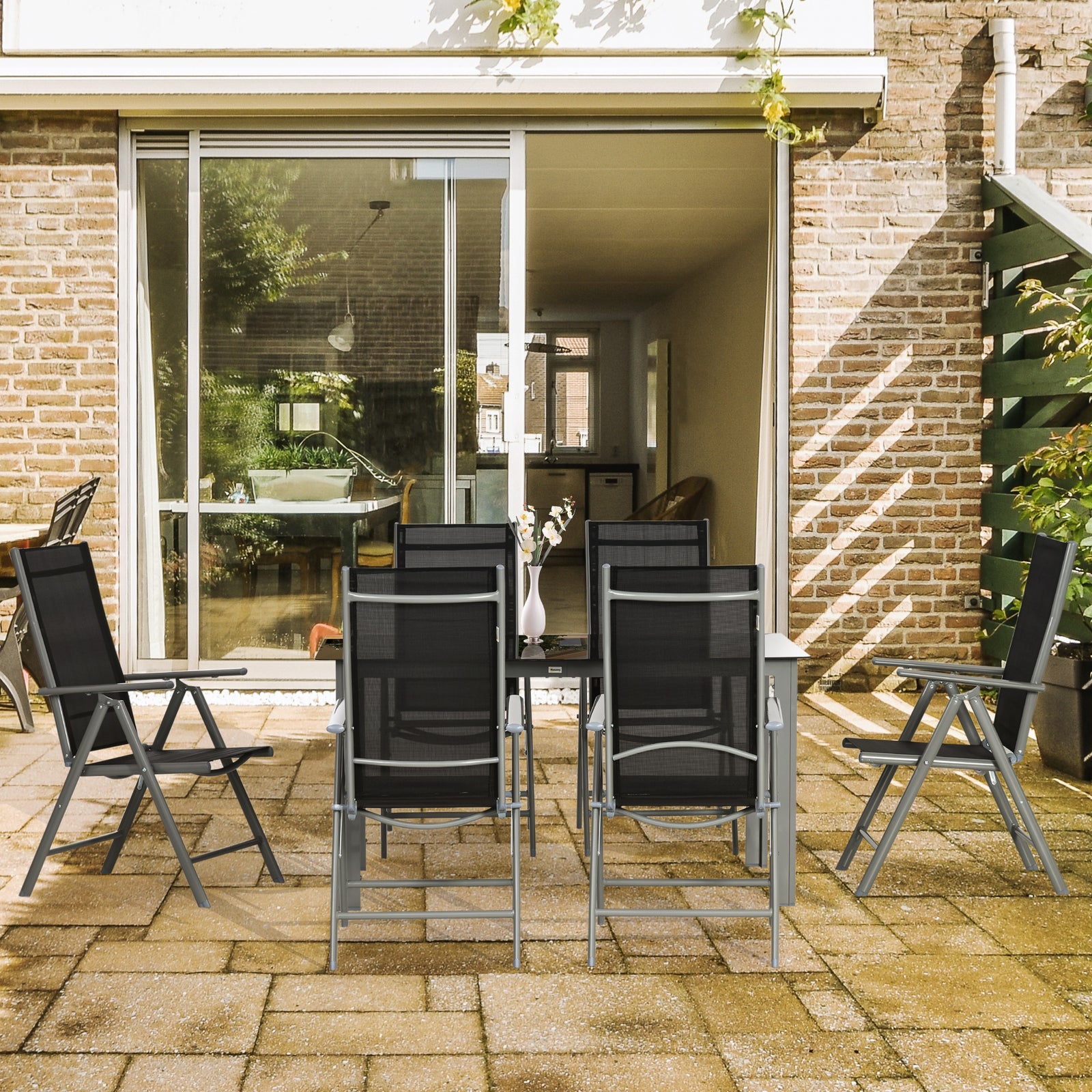 7 Piece Garden Dining Set, Outdoor Table And 6 Chair | Black
