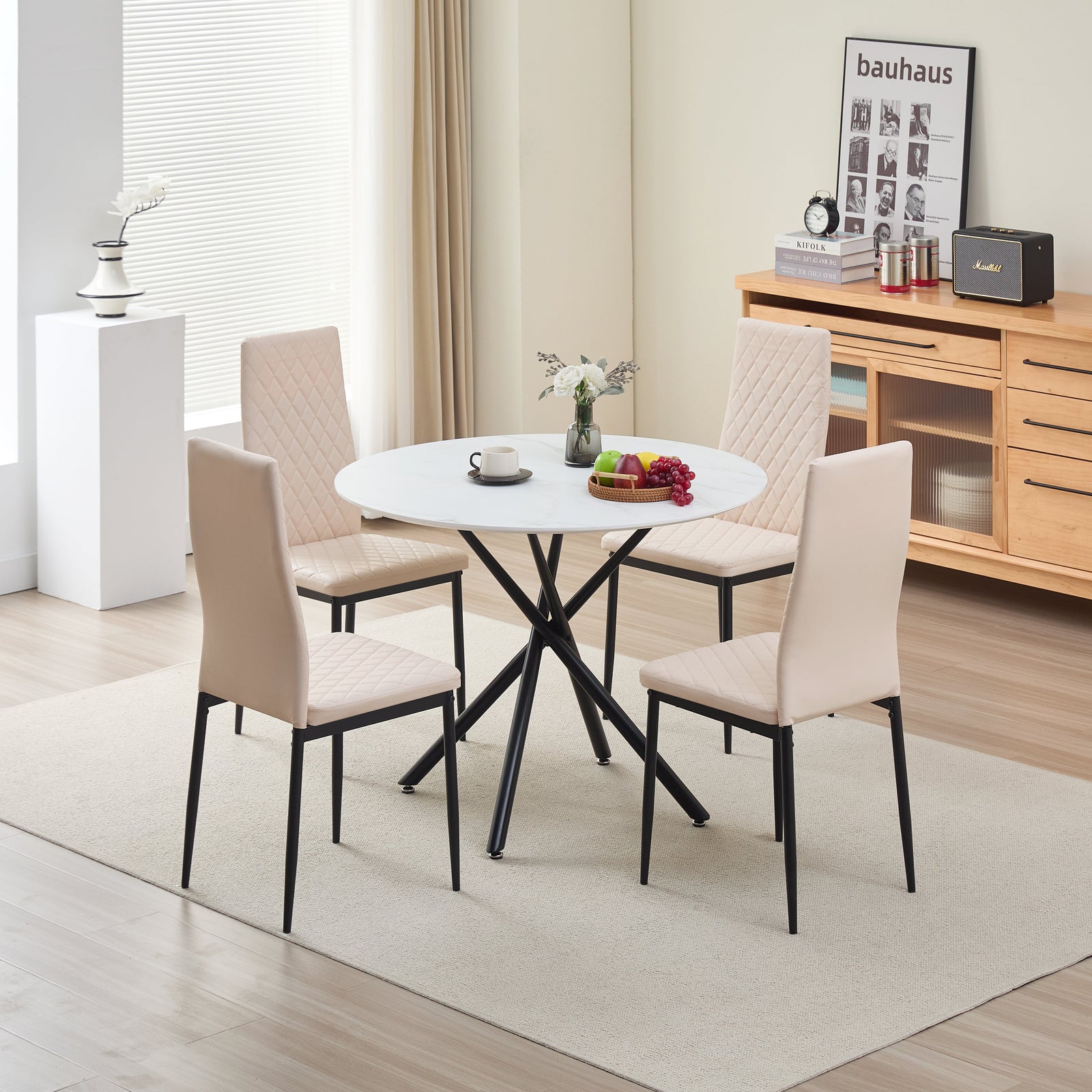 Stylish Seattle Dining Table Set With 4 Emily Faux Leather Chairs | Champagne