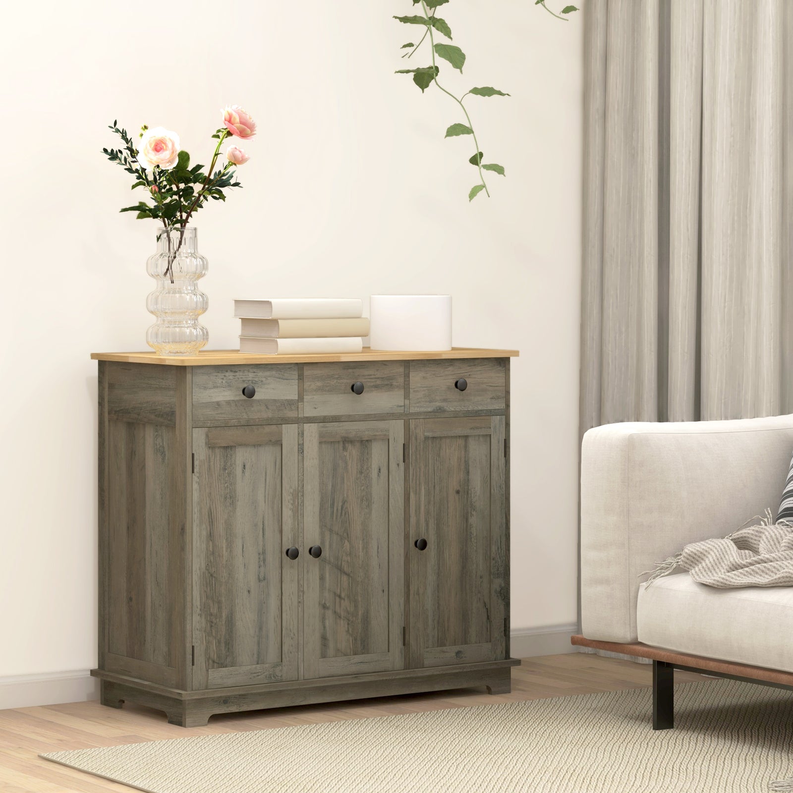Sideboard Buffet Cabinet With Rubber Wood Top And Drawers | Grey