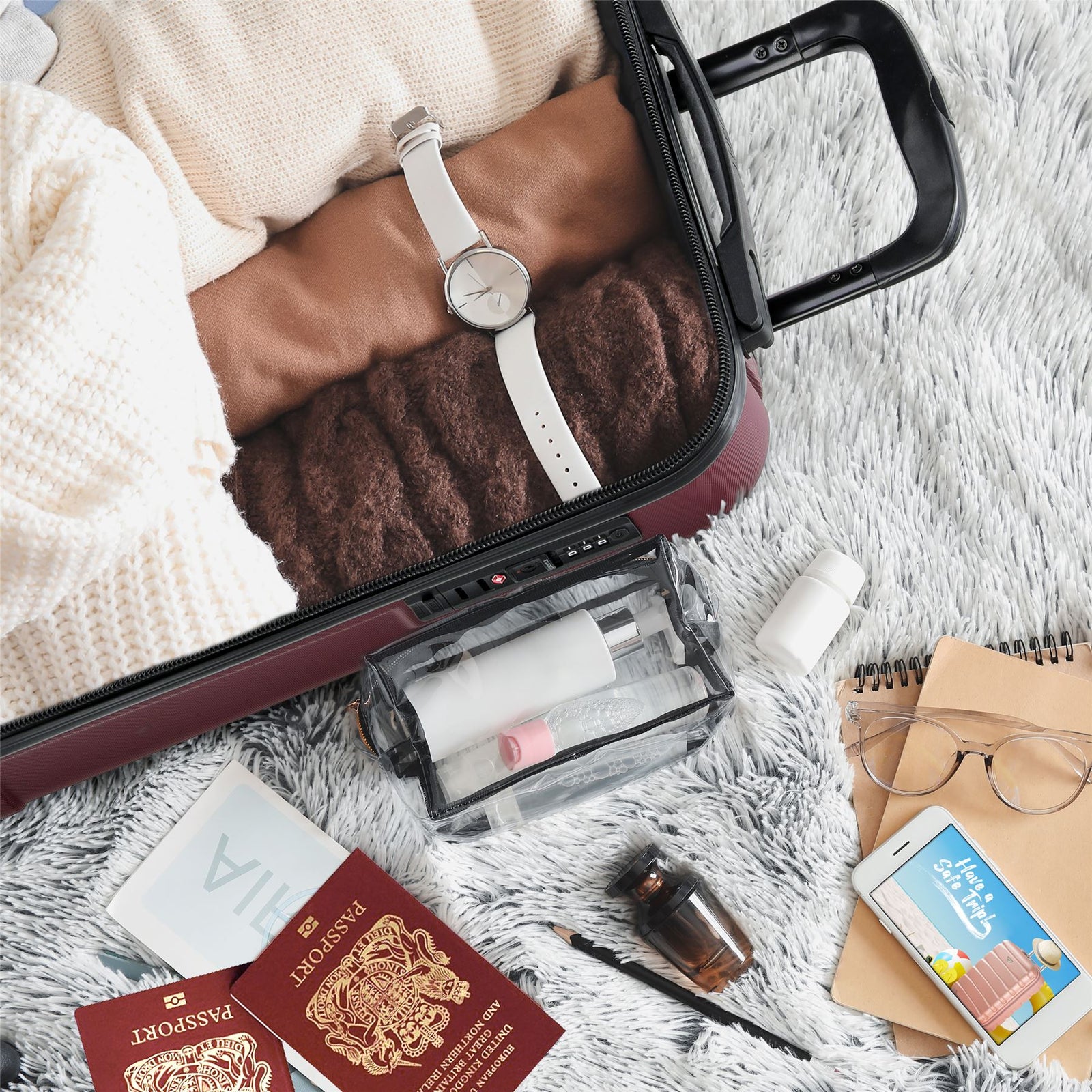 55x35x20cm Cabin Carry Bag Hard Shell Suitcase 100+ Airline Approved | Cabin | Burgundy