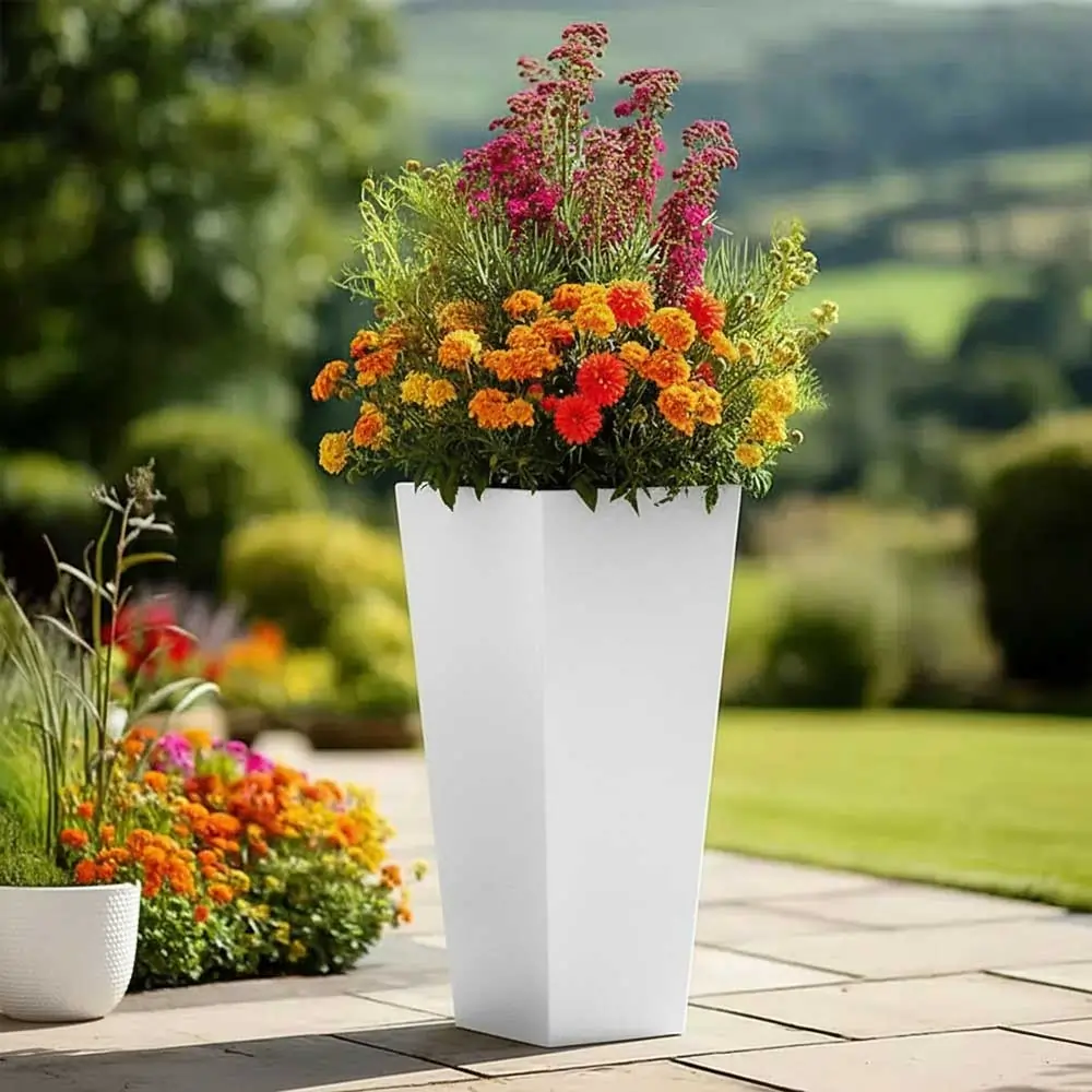 Zinc Galvanised Tall Flared Tapered Square Planter | 40cm x 40cm x 90cm | White