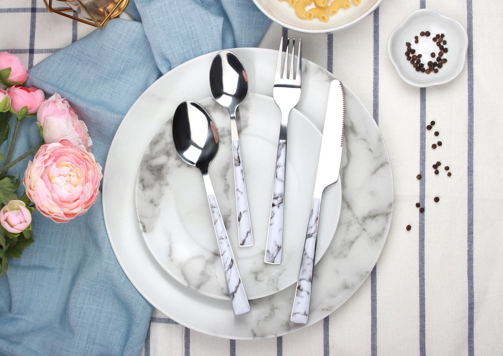 Cutlery Sets 16 Pc Set Knife Fork Spoon Marble Decal Handle