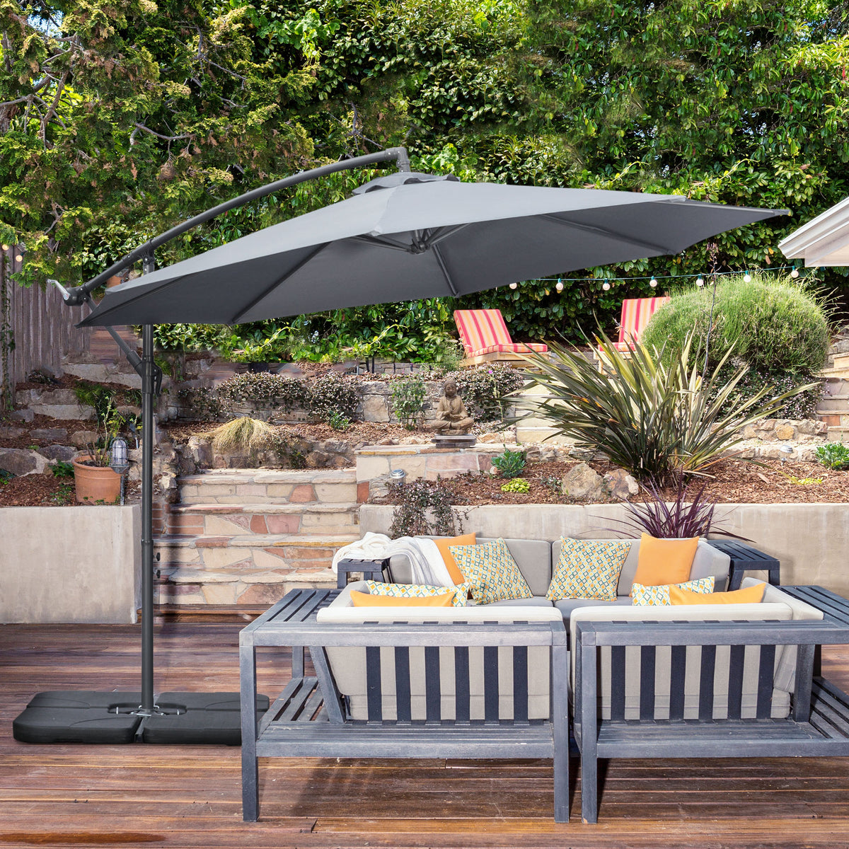 3(m) Garden Banana Parasol Cantilever Umbrella w/ Base Weights & Cover | Grey