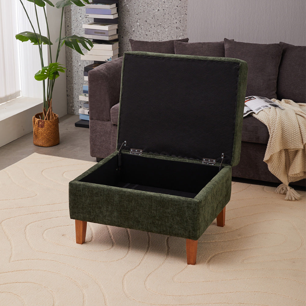 Chenille Upholstered Storage Ottoman With Rubberwood Legs – Modern Footstool With Hidden Storage, 71.5 X 59 X 33.5 Cm | Green