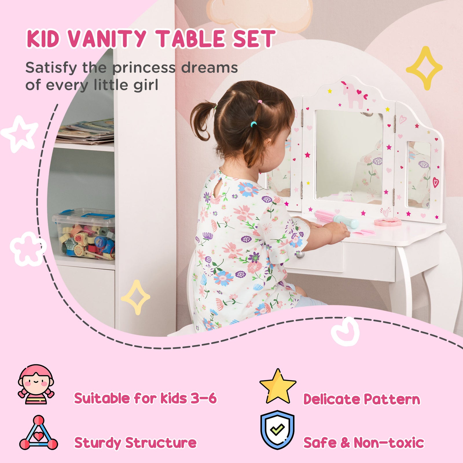 Makeup Dressing Table Set With Tri-folding Mirror And Drawer | White