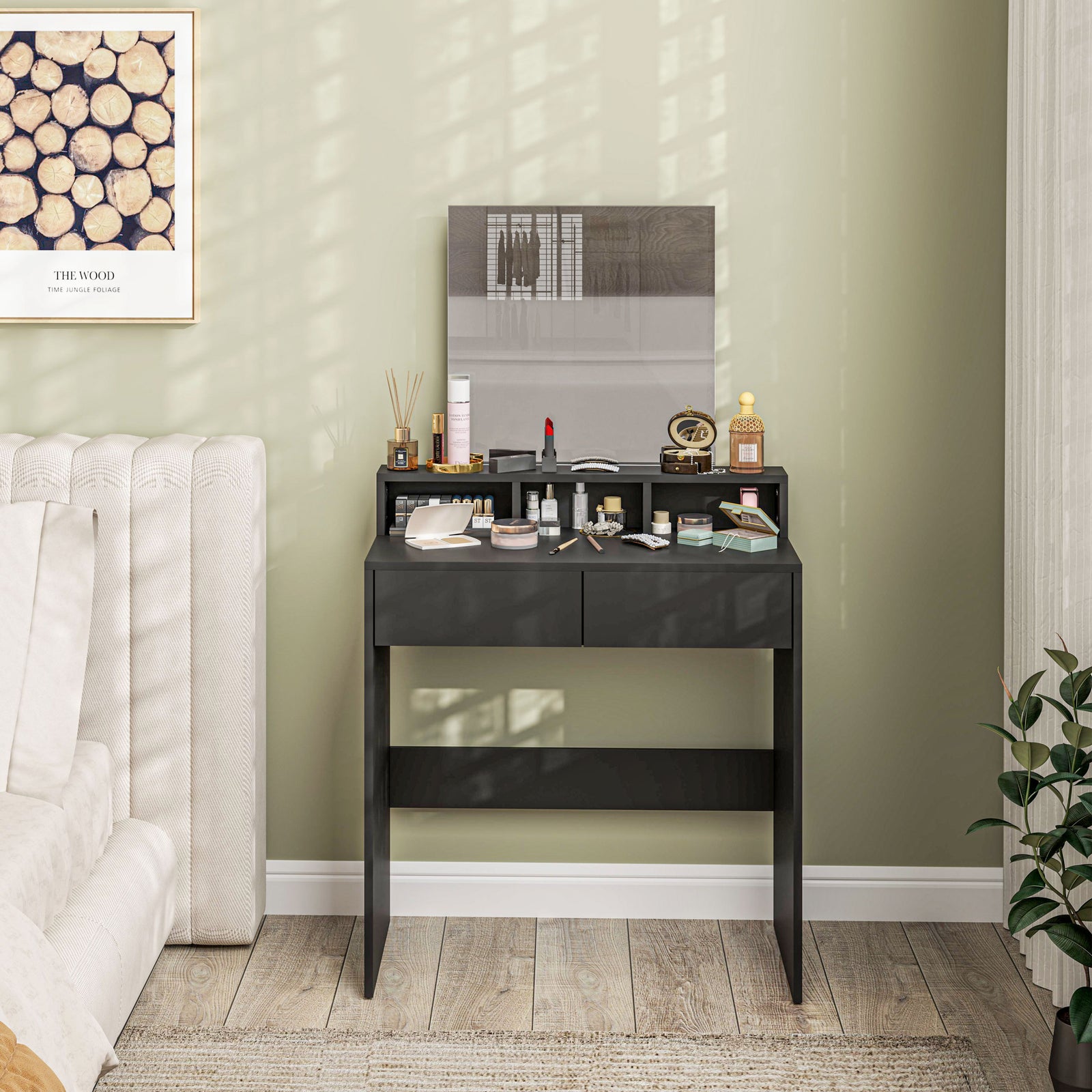Dressing Table With Mirror, Drawers, For Bedroom, Black