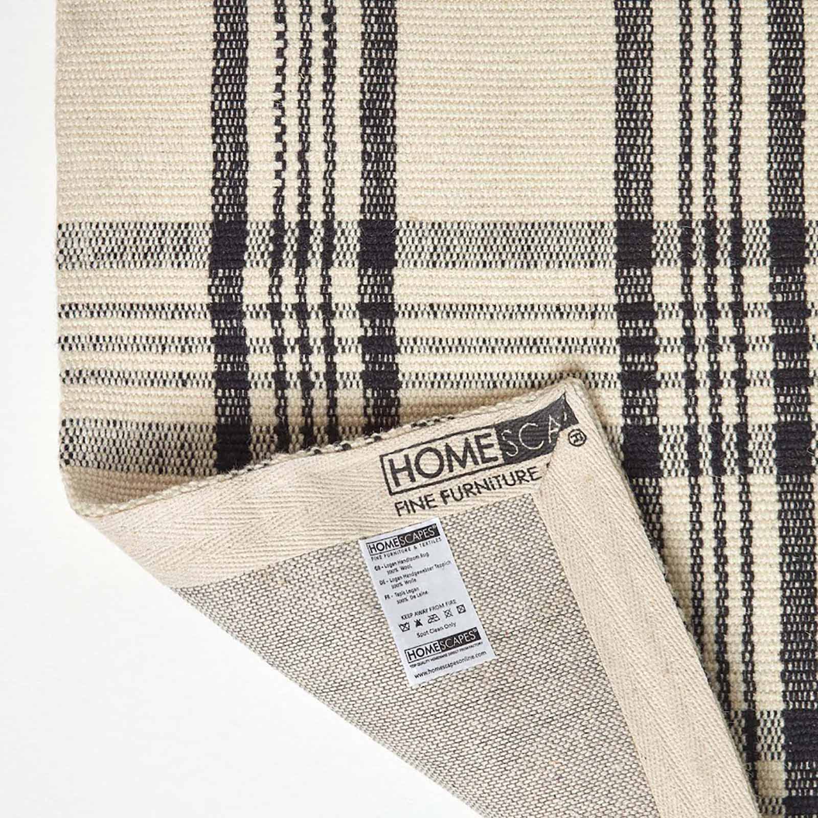 Tartan Check Non-slip 100% Wool Rug | 120cm x 180cm | Black & White