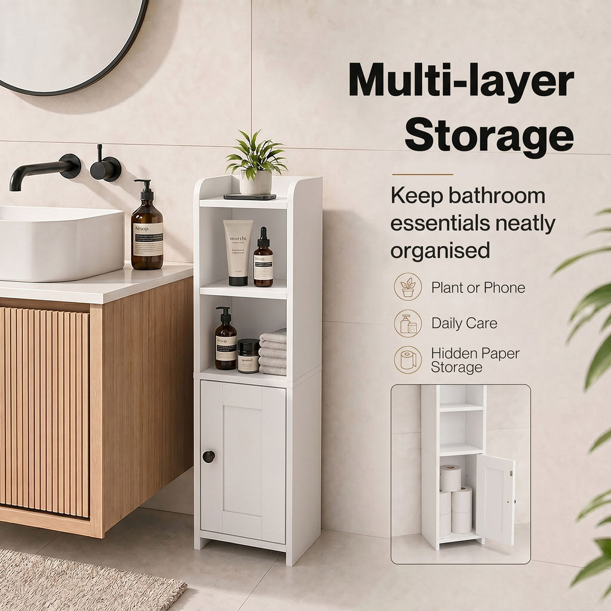 Bathroom Cabinet Slim Corner Storage Adjustable Shelves Pb Mdf | White