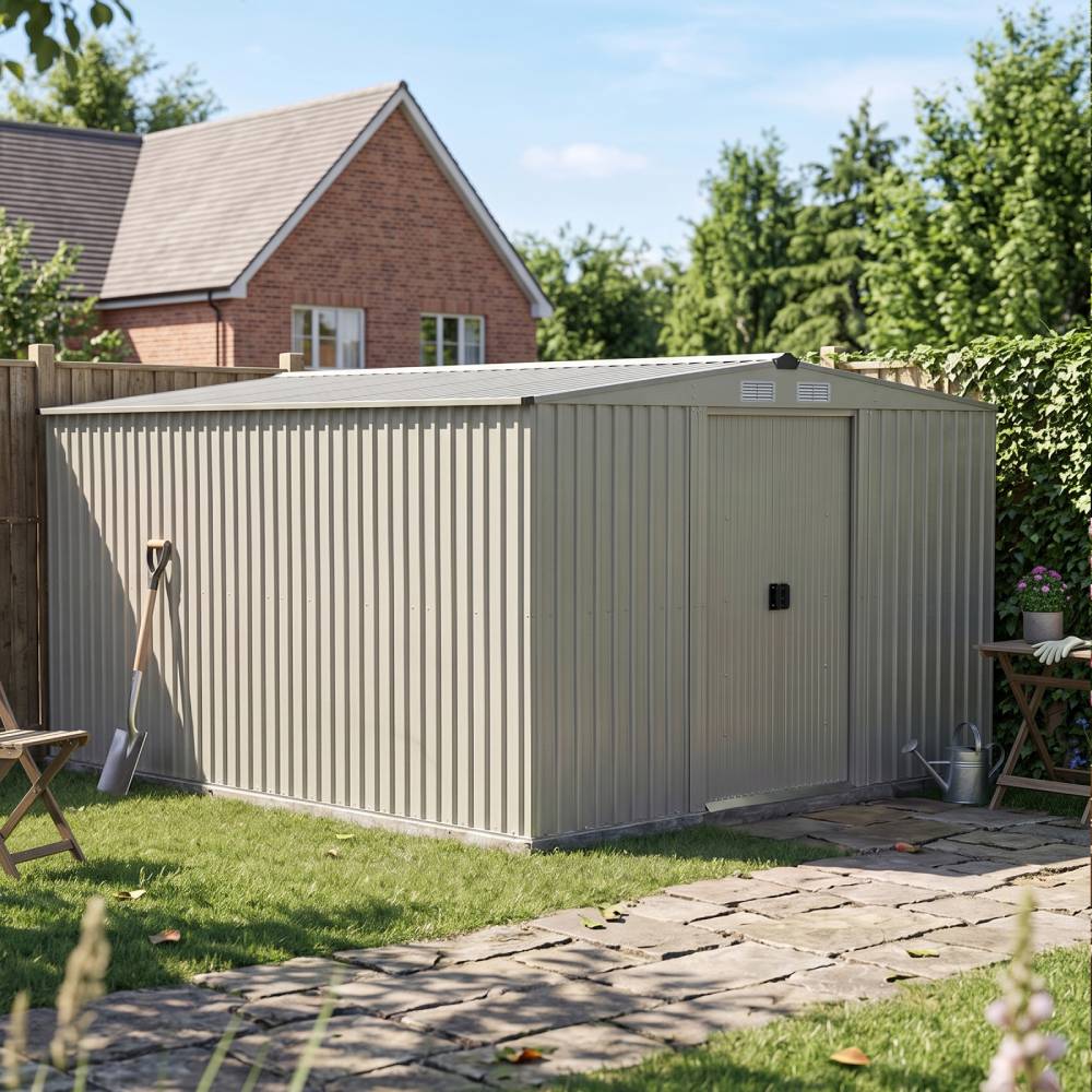 Breeins 12 x 10ft Outdoor Steel Garden Storage Shed with Foundation, Double Sliding Doors, 4 Vents, Large Storage House