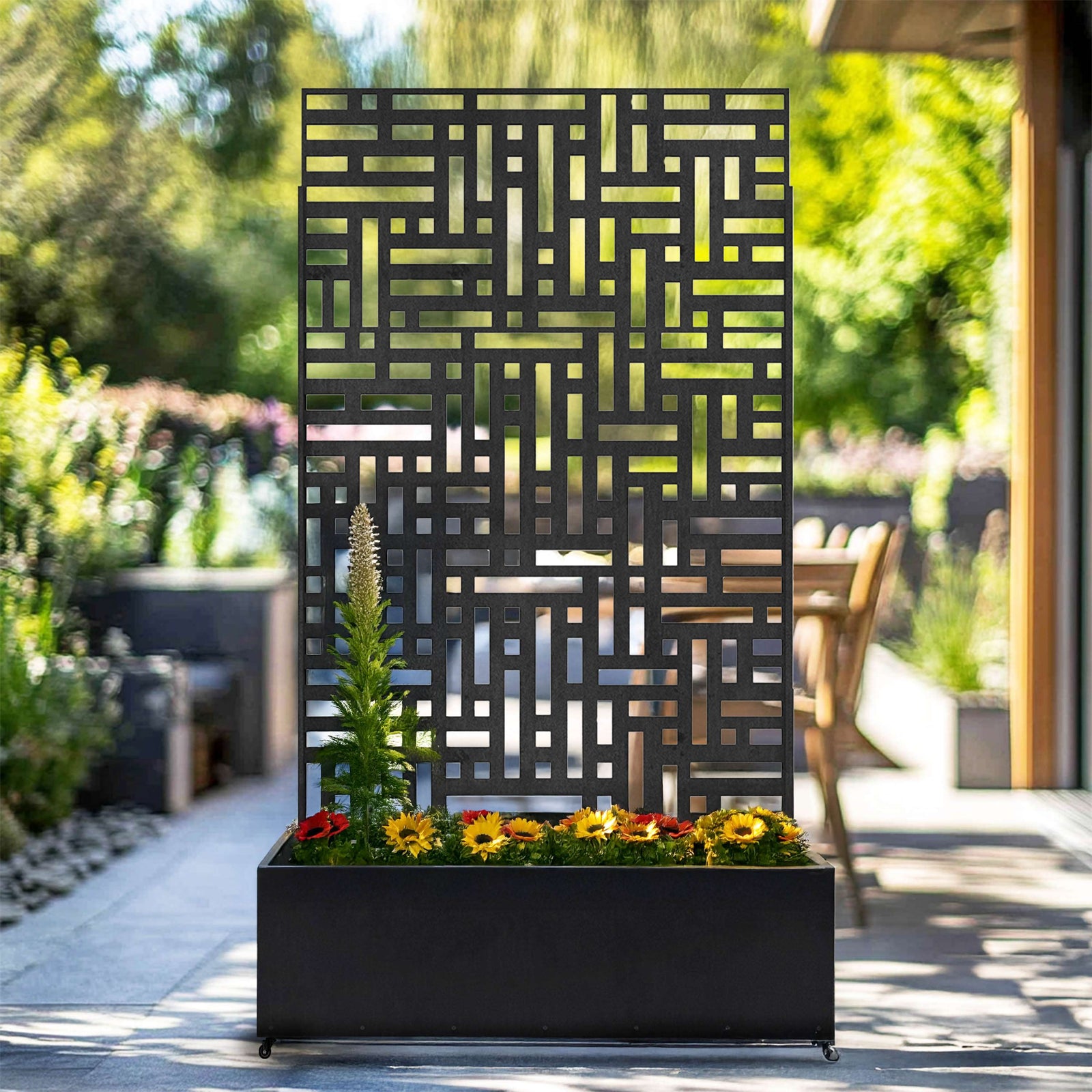 Metal Black Outdoor Privacy Screen With Plant Pot Geometric Garden Divider