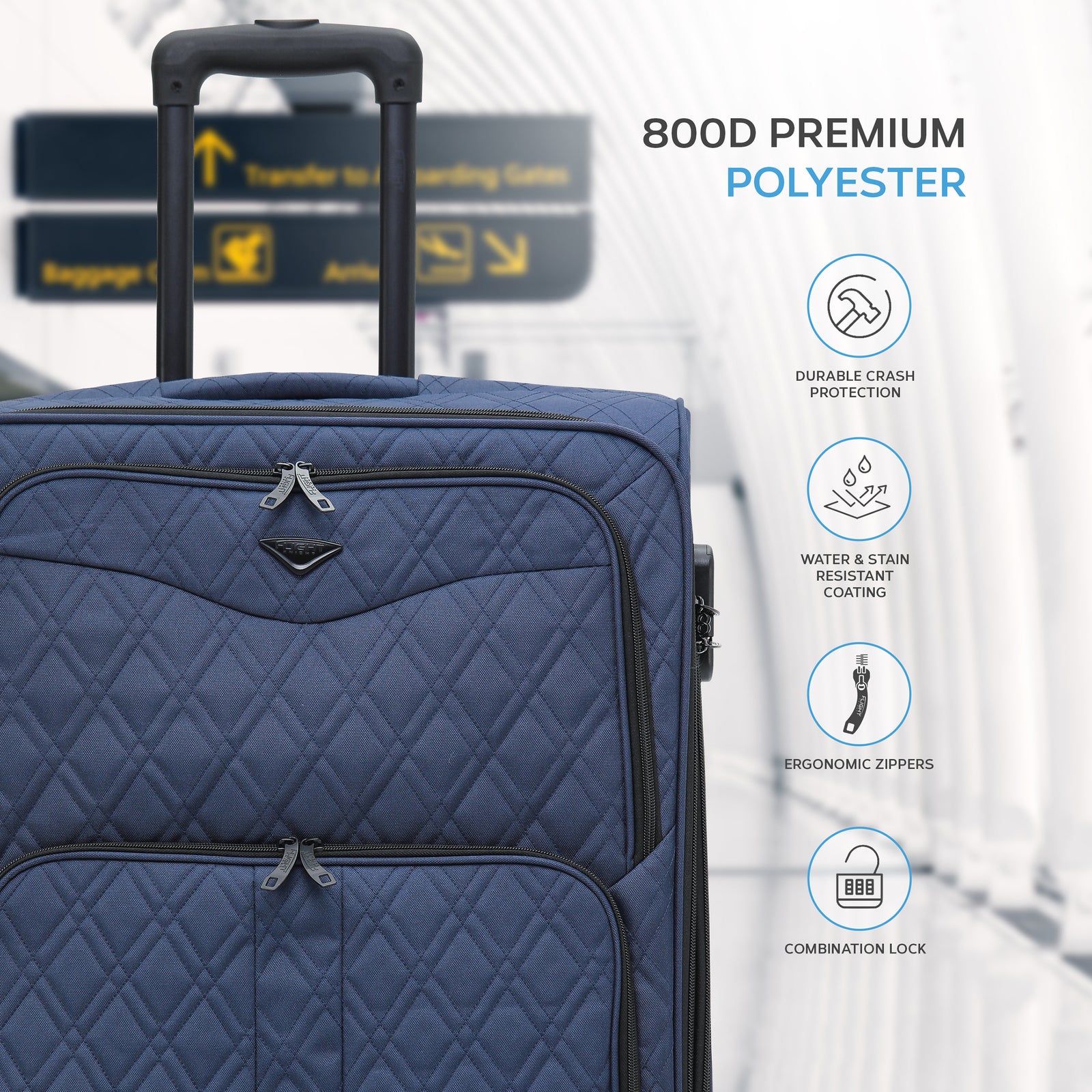 Large  29.5" Lightweight 4 Wheel 800d Soft Case Quilted Suitcases Set Of 3 Anti Crack - Cabin & Hold Luggage 100+ Airlines Approved | Large | Navy Blue