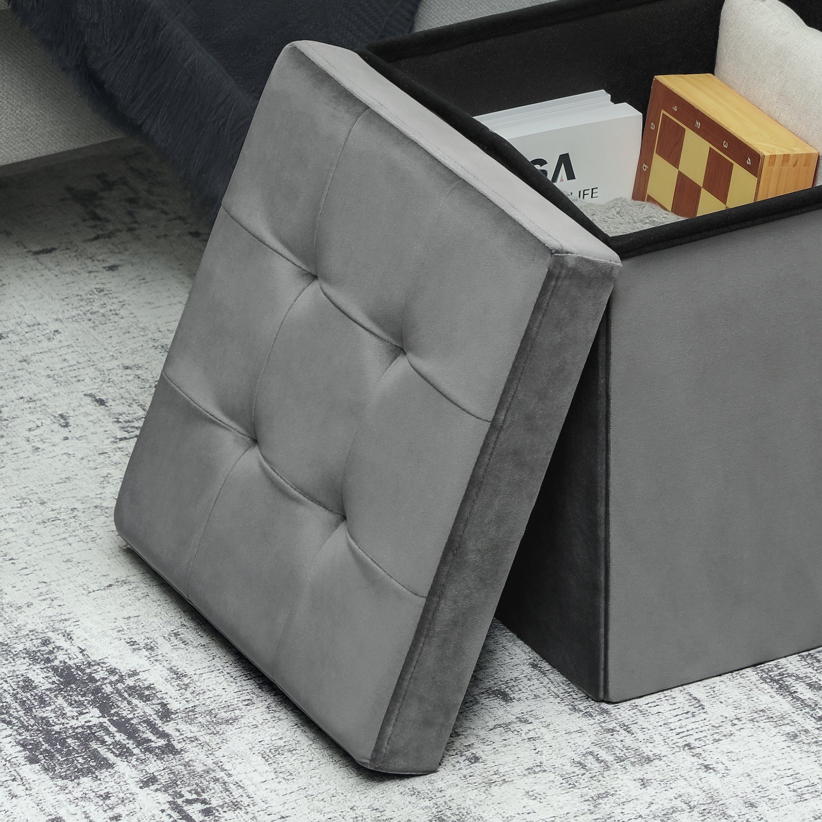 HOMCOM Foldable Velvet-feel Storage Ottoman, 38 X 38 X 38 Cm, Grey