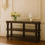 Spindle Shelf Console In Carbon Ash, 2 Open Shelf, Black Brown