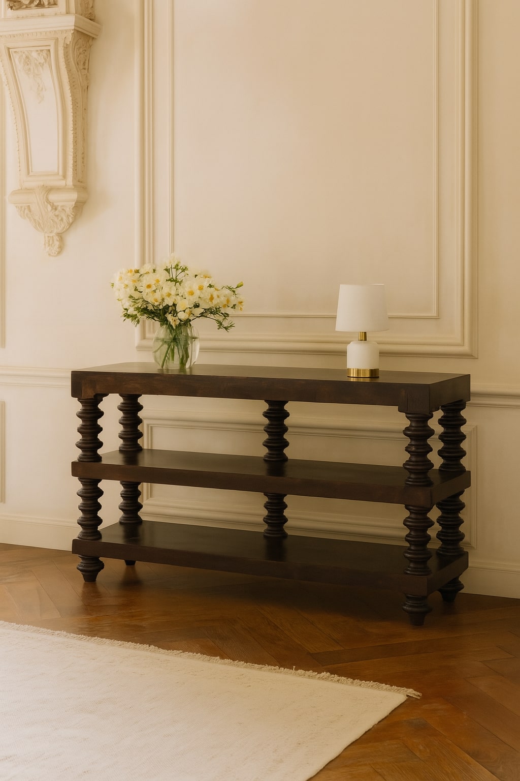 Spindle Shelf Console In Carbon Ash, 2 Open Shelf, Black Brown