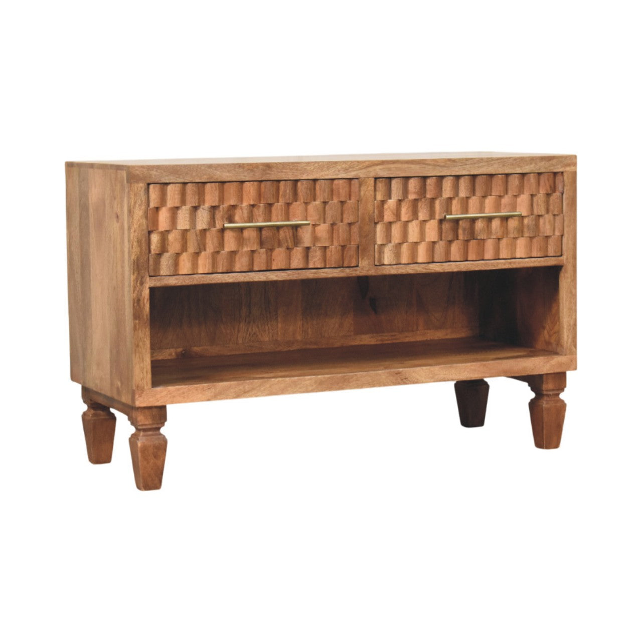 Solid Wood Arno Shoe Storage Unit In Golden Teak, 2 Drawers And Open Shelf, Beige