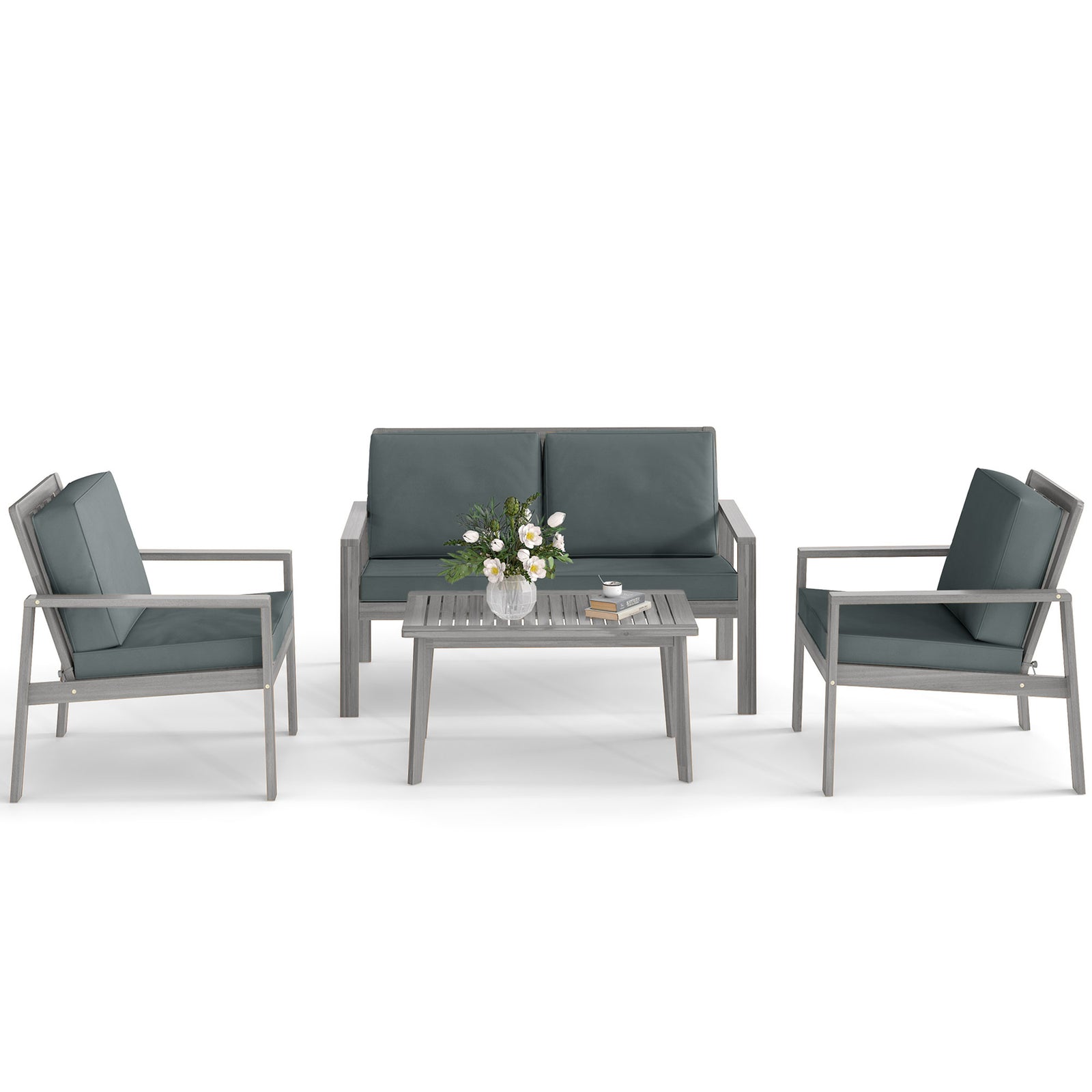 4 Pieces Wooden Garden Furniture Set With Cushions | Light Grey
