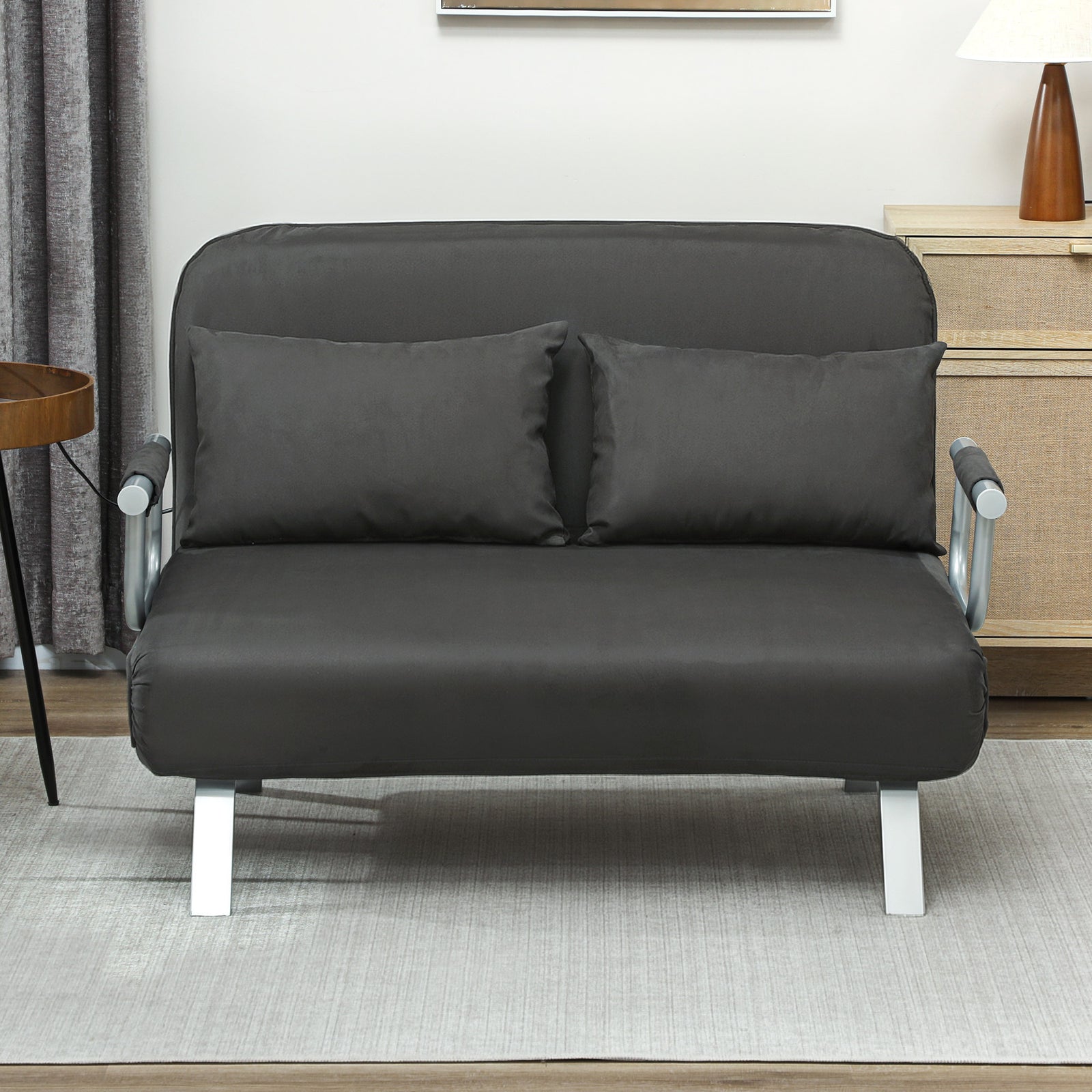 Fabric Convertible 2 Seater Sofa Bed W/ 2 Pillows | Grey
