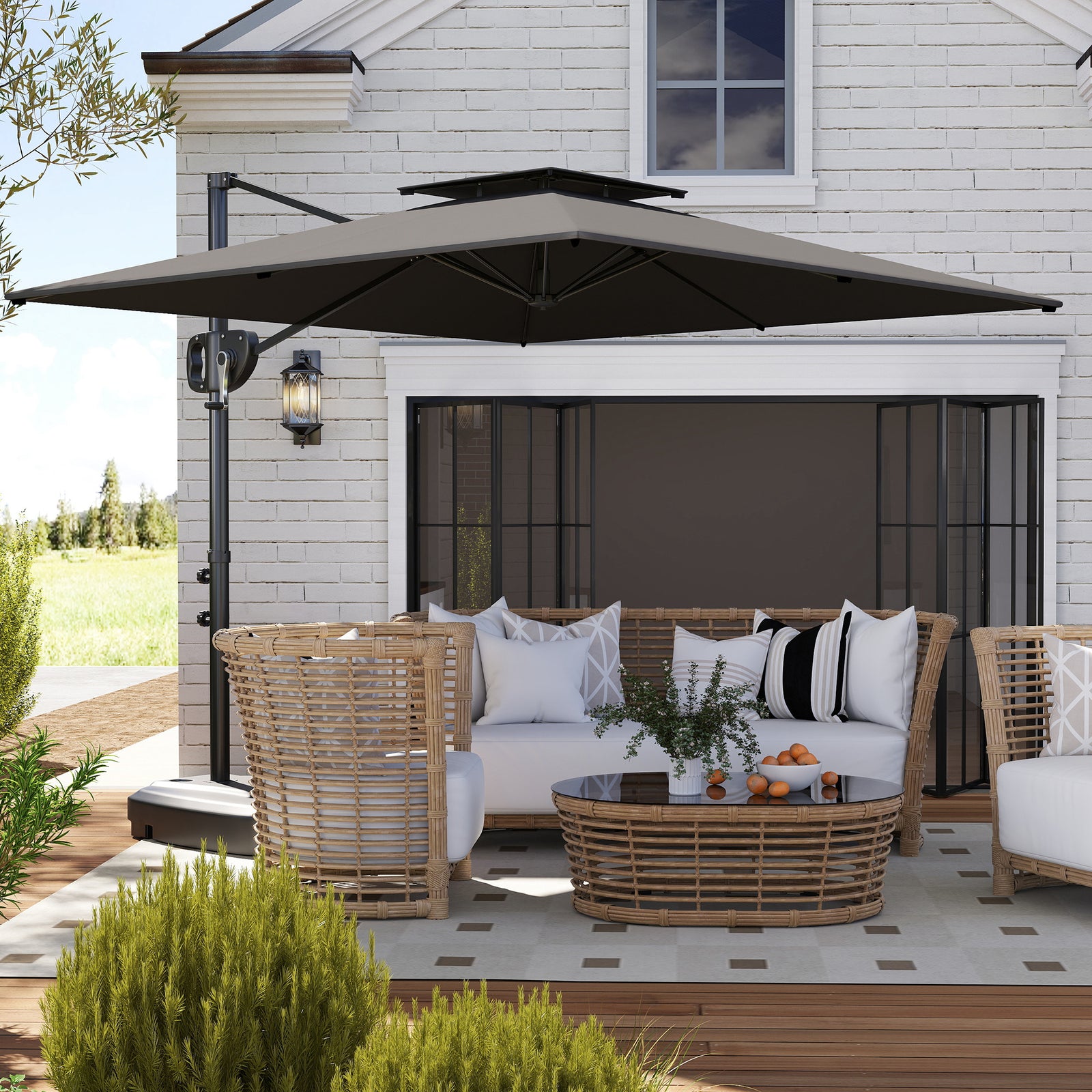 Garden Cantilever Parasol W/ Weighted Base Tilt Crank | Dark Gray