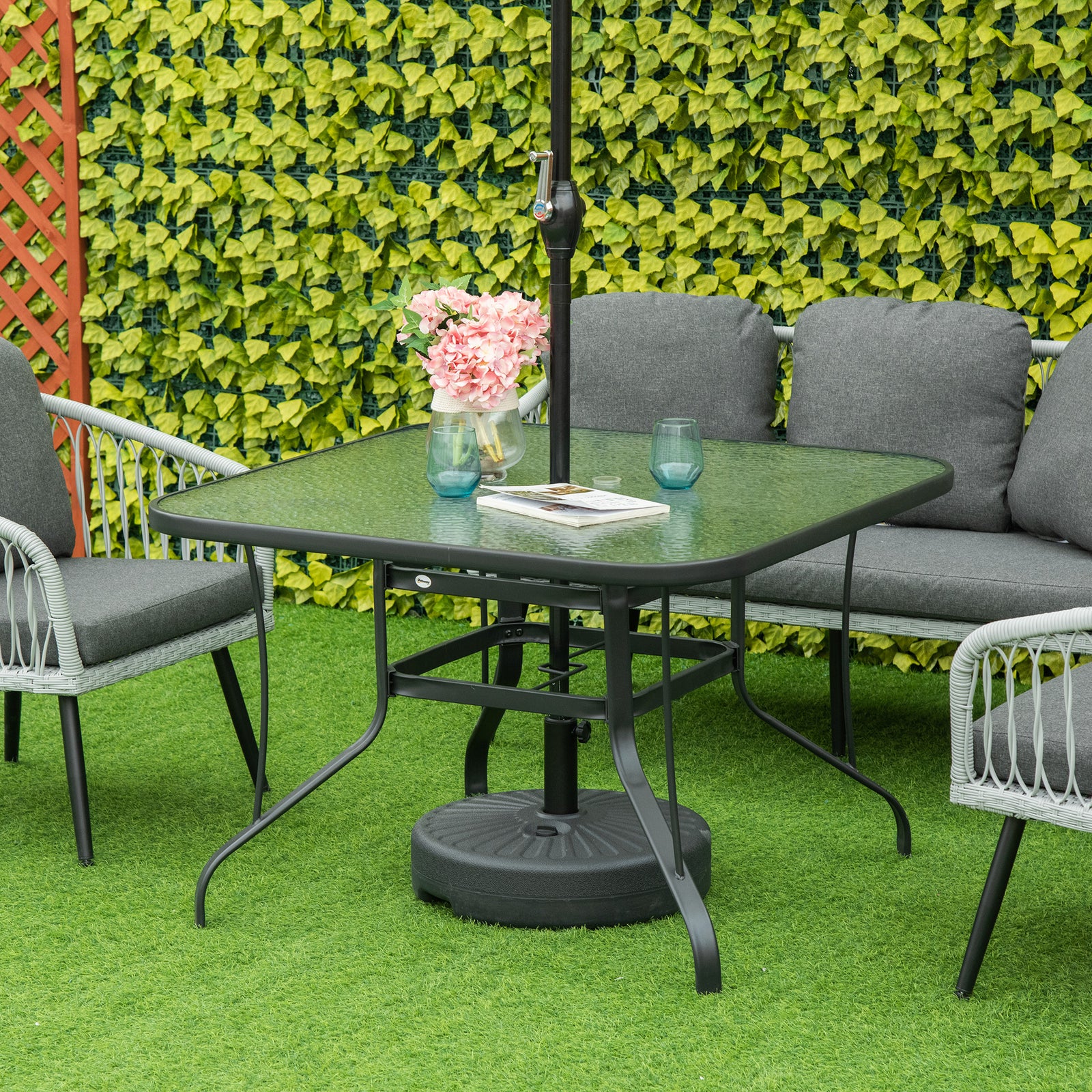 Garden Dining Table W/ Parasol Hole, Glass Top
