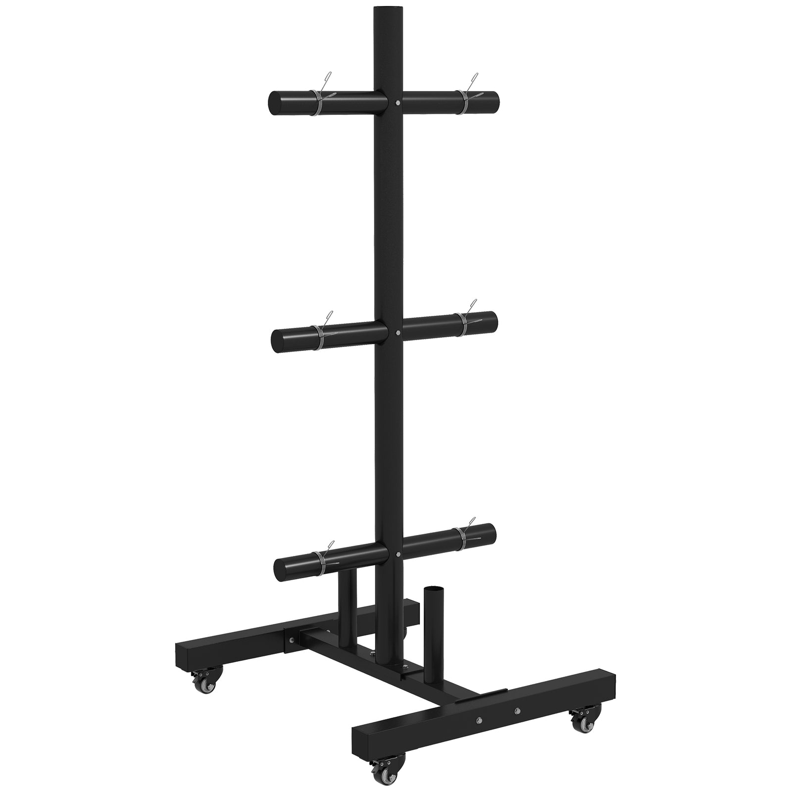 Olympic Weight Plate Rack With 4 Wheels And 6 Fasten Clamps | Black