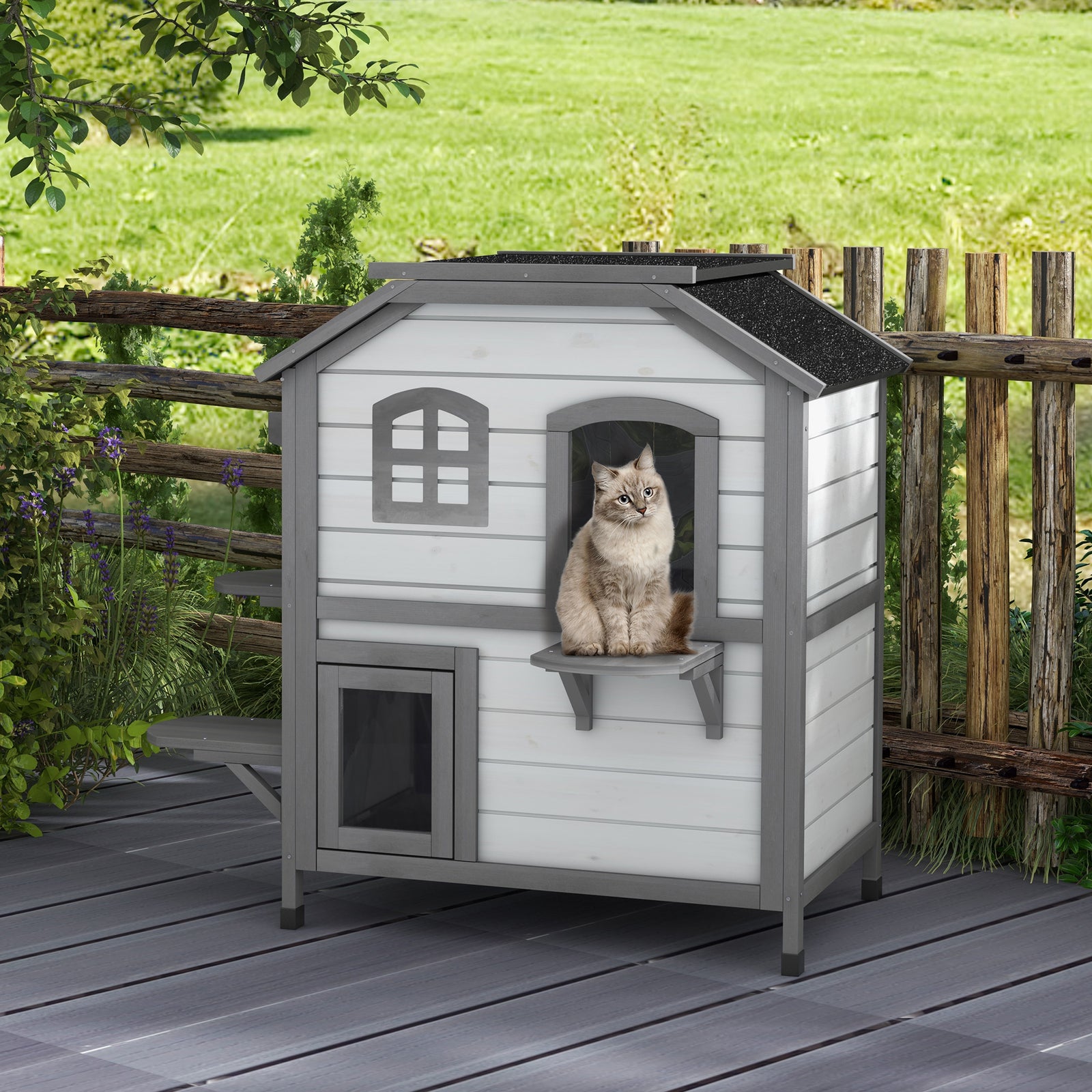Wooden Cat House Cat Cave Pet Shelter Condos Outdoor | White