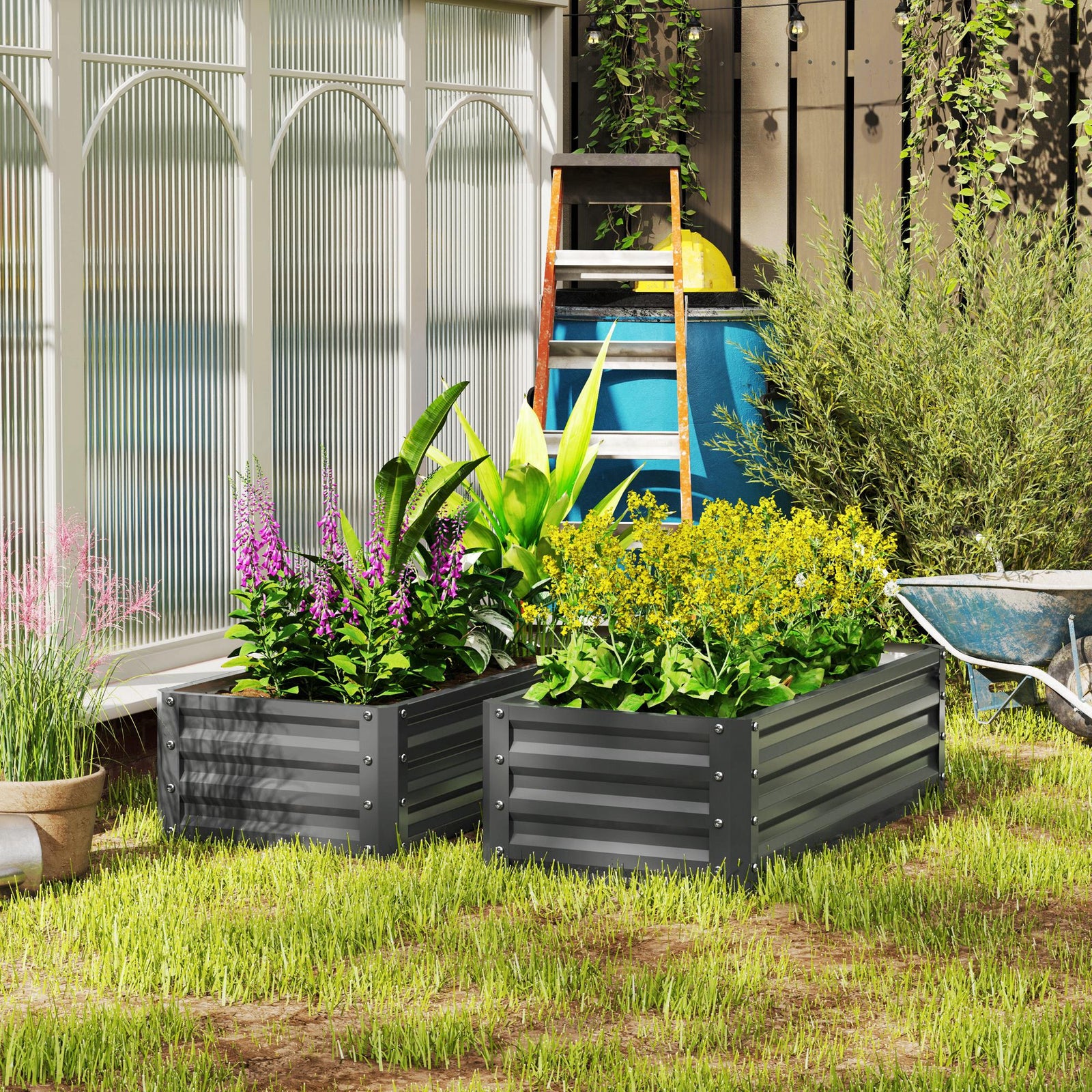 Set Of 2 Raised Garden Bed Galvanised Planter Box | Light Grey