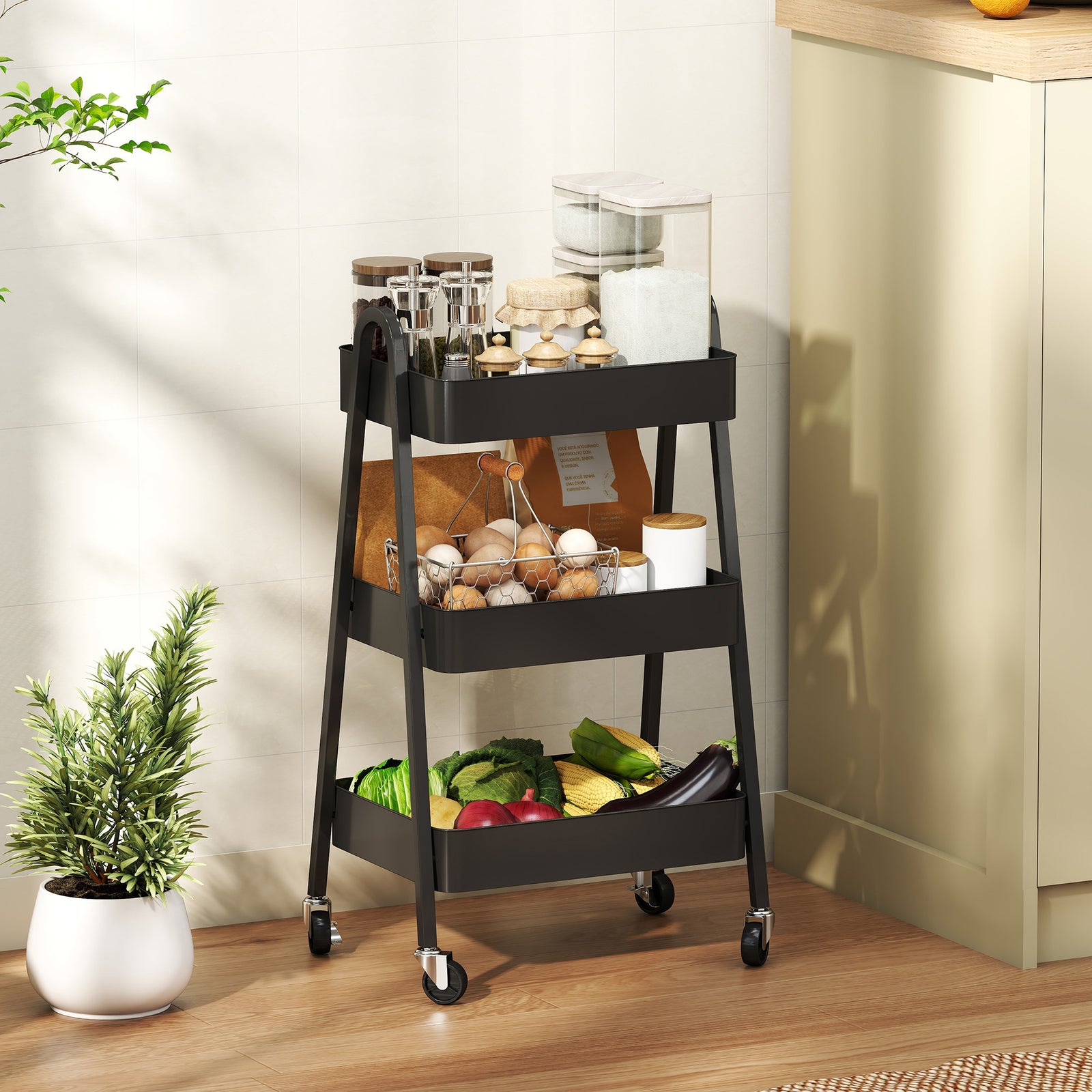 3-tier Kitchen Cart, Wheels | Black