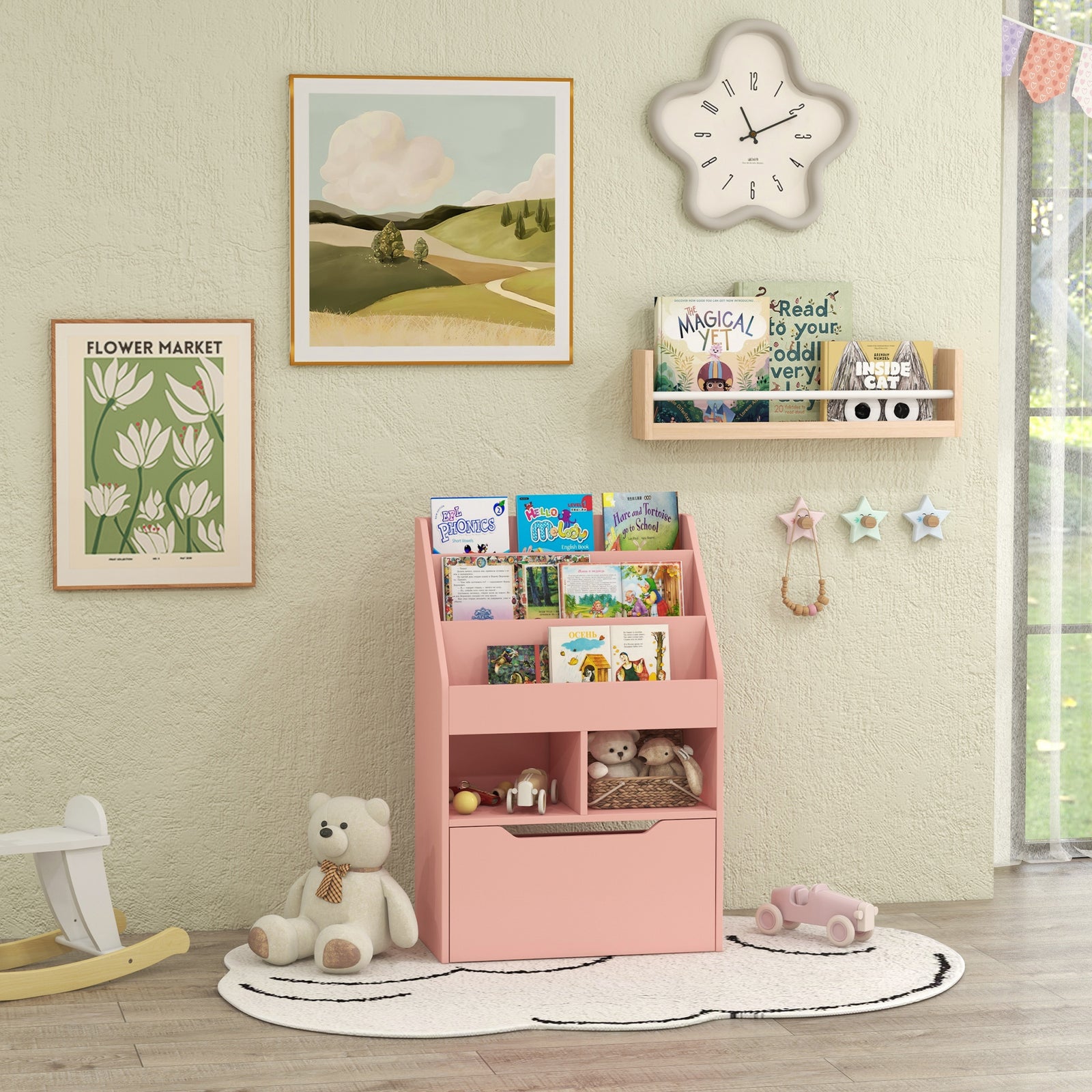 Kids Bookshelf, Toy Box W/ Storage Drawer, Wheels, For Bedroom | Pink
