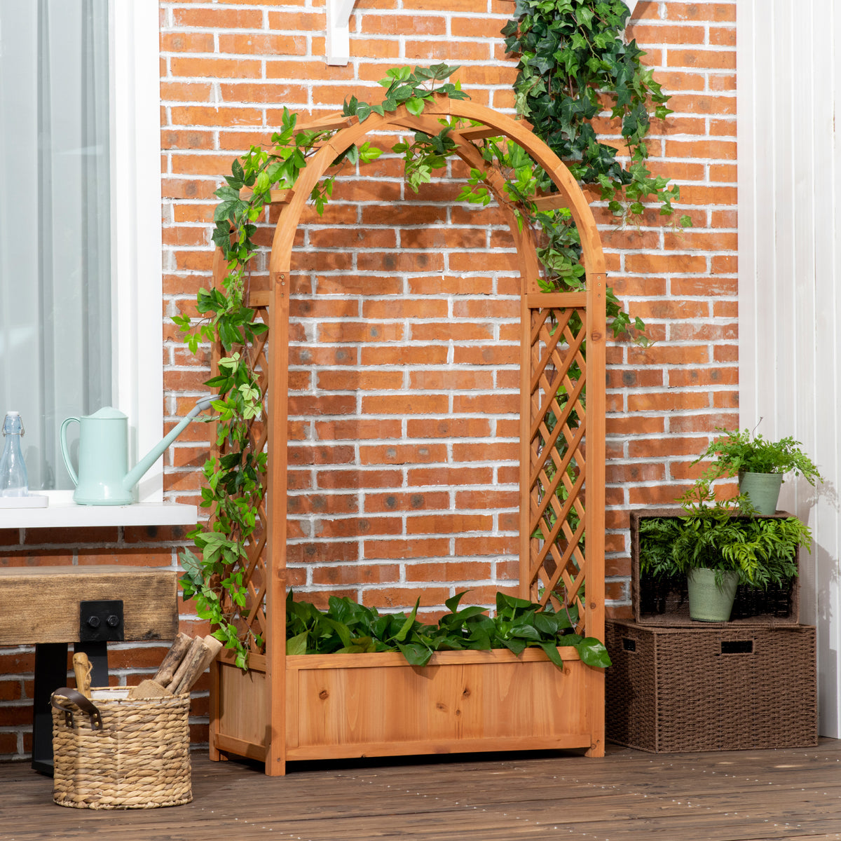 Outsunny Raised Garden Bed With Arch Trellis, Garden Planter Box, Brown